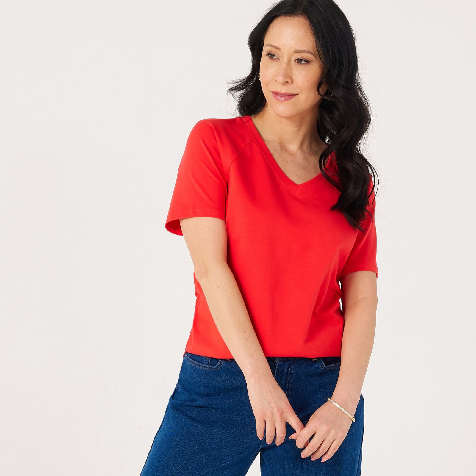 Denim & Co. Linen Essentials V-Neck Short Raglan Sleeve Top