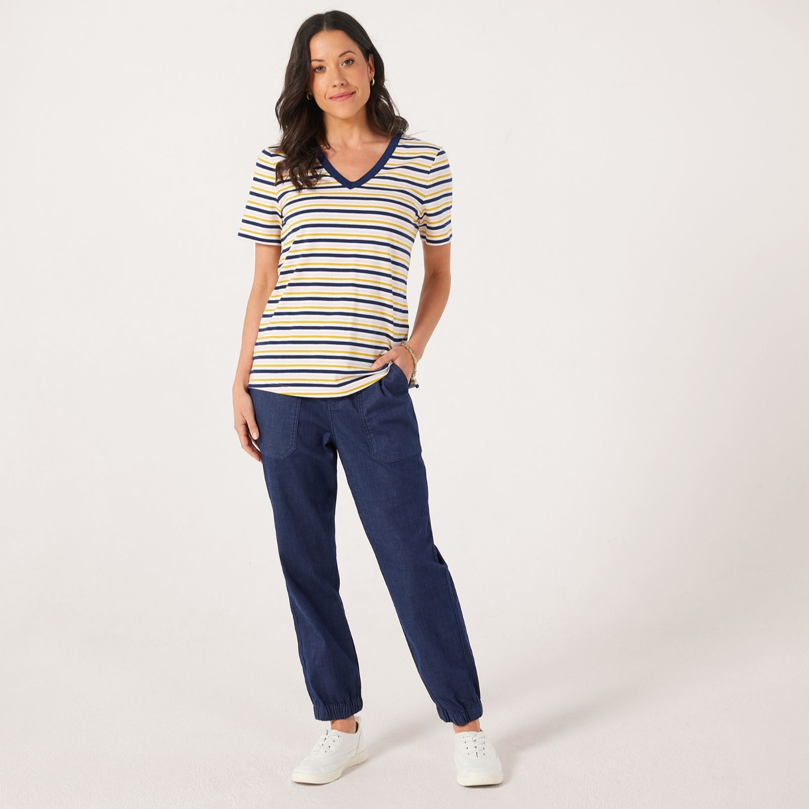 Denim & Co. Essential Short Sleeve Stripe V-Neck T-Shirt
