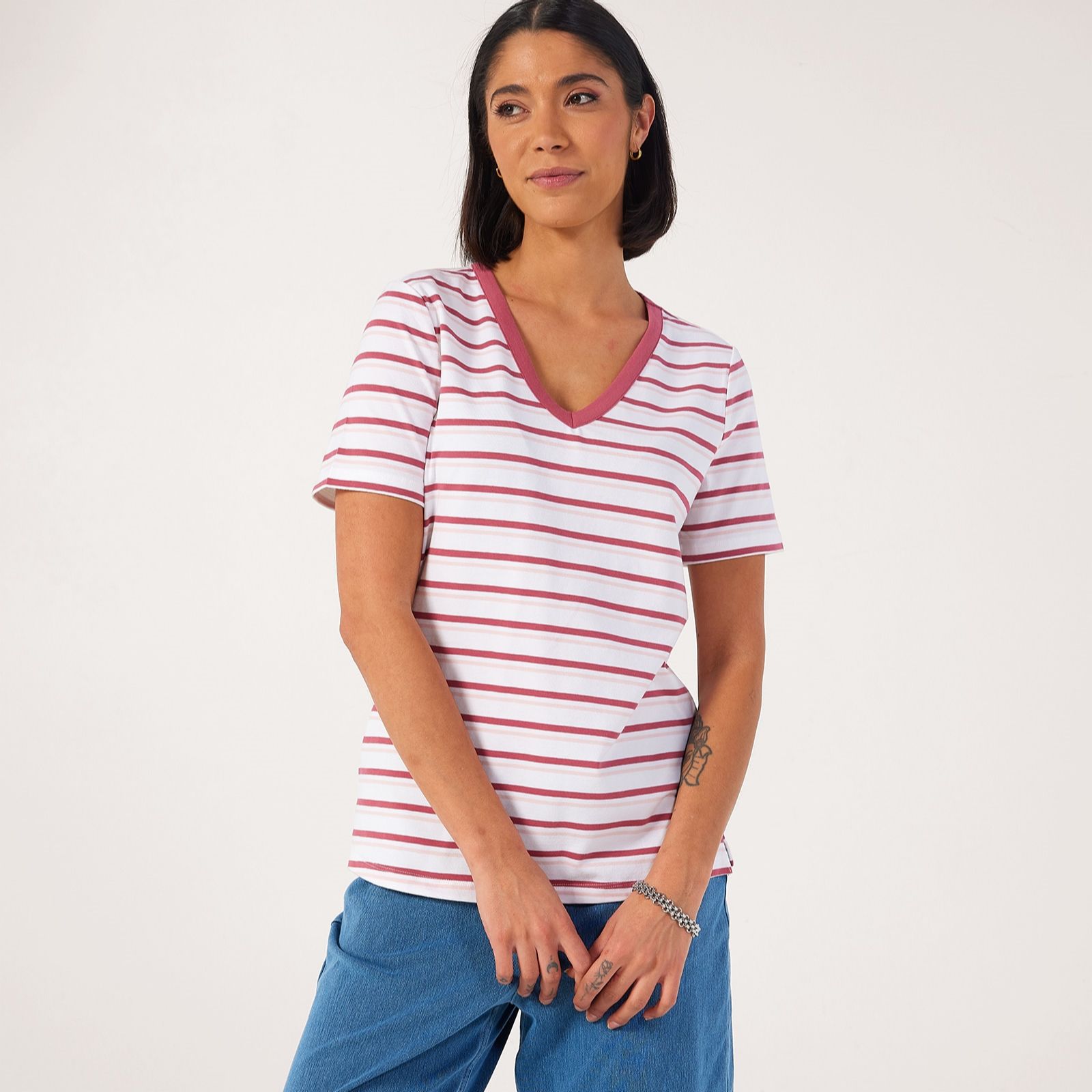 Denim & Co. Essential Short Sleeve Stripe V-Neck T-Shirt