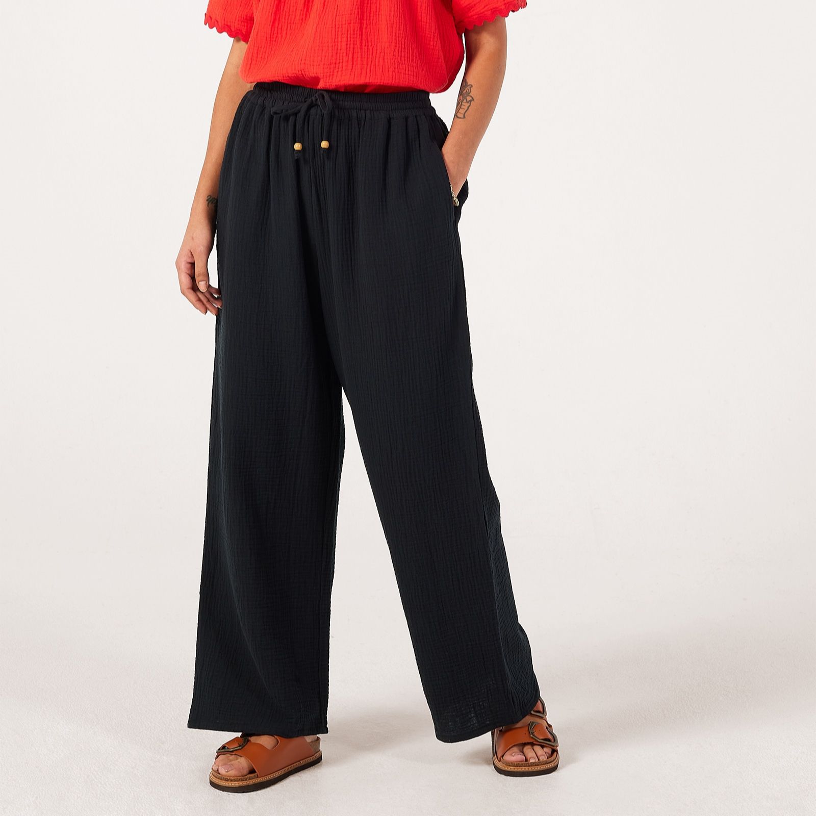 Denim & Co Cotton Textured Pull on Wide Leg Trouser Petite