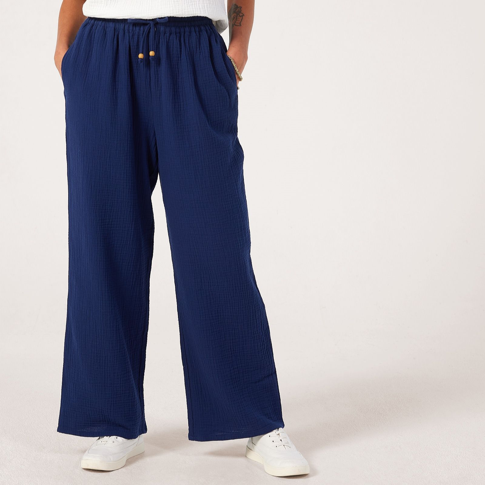 Denim & Co Cotton Textured Pull on Wide Leg Trouser Petite