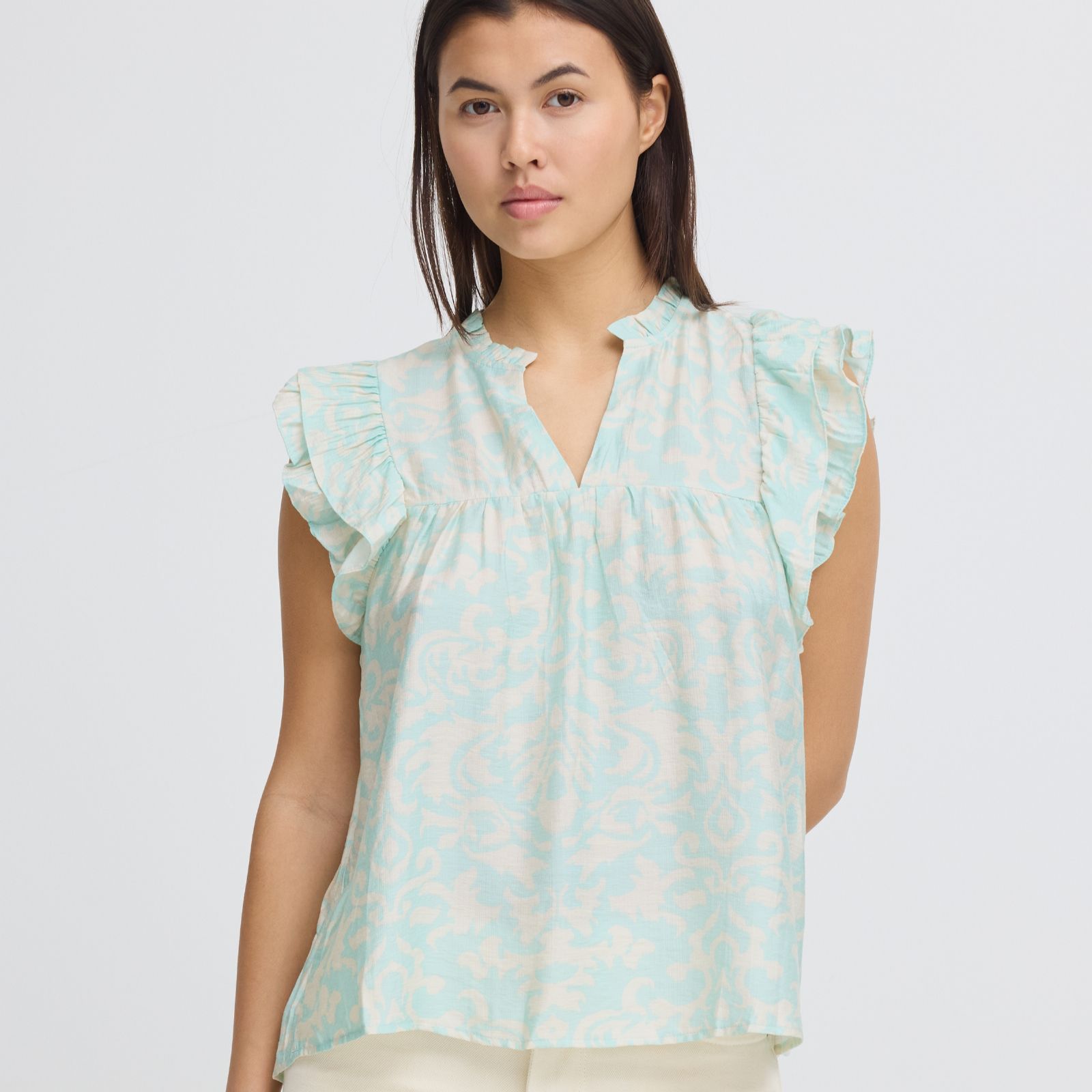 ICHI Briane Frill Short Sleeve Printed Top
