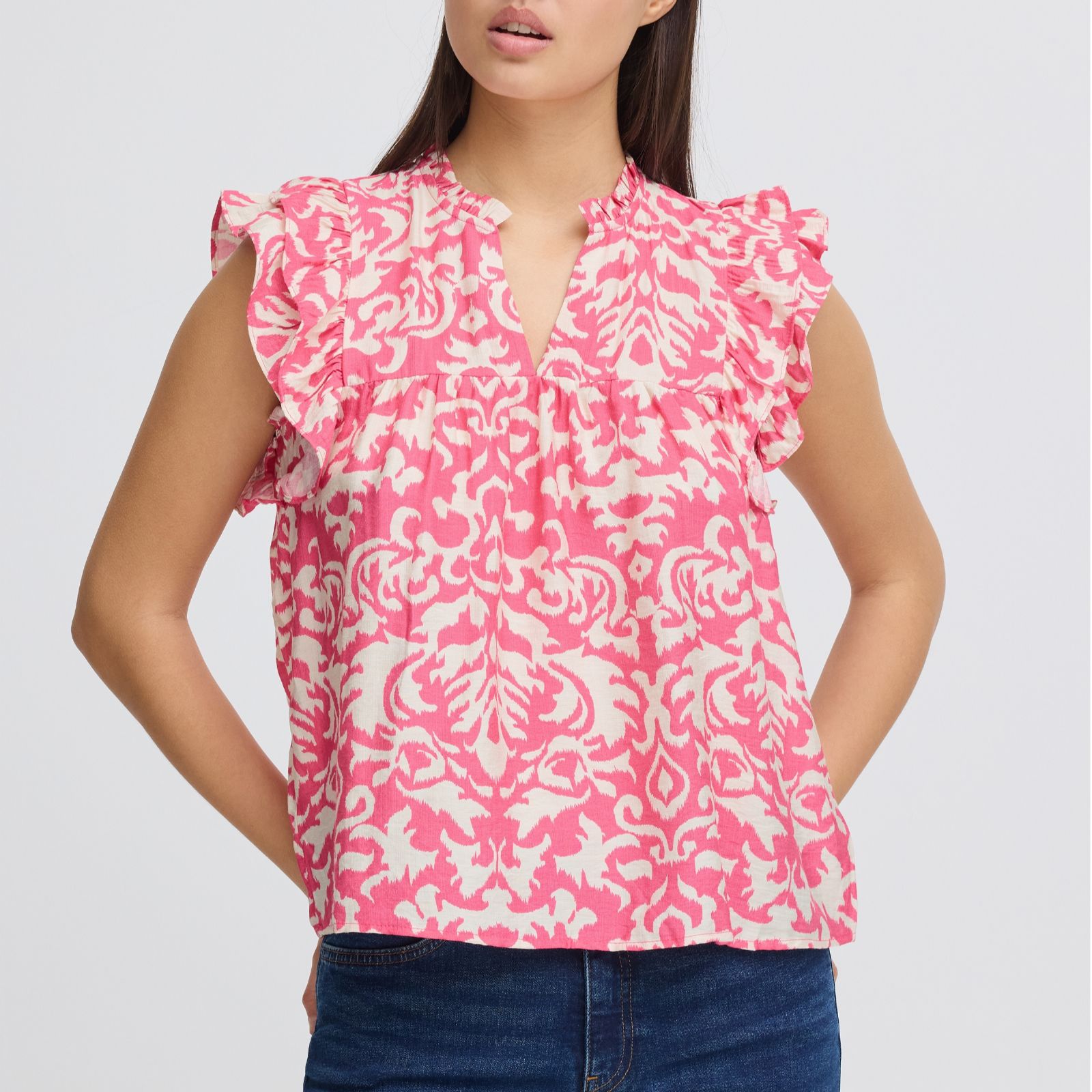 ICHI Briane Frill Short Sleeve Printed Top