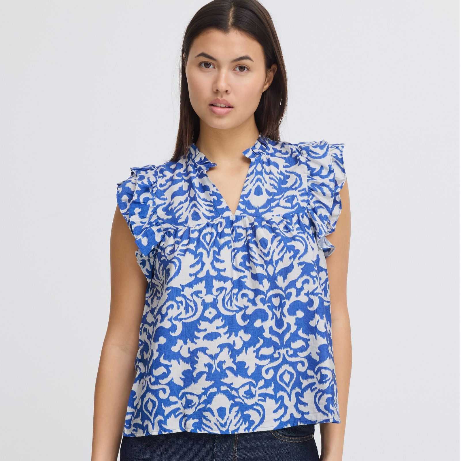 ICHI Briane Frill Short Sleeve Printed Top