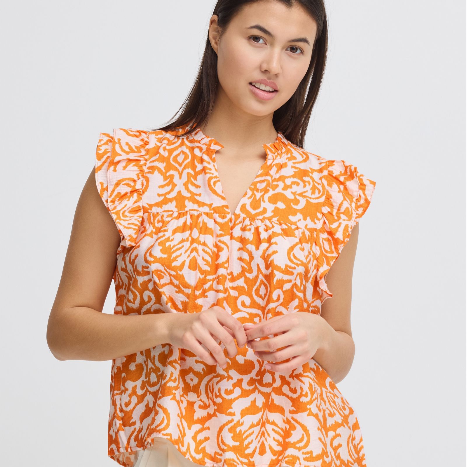 ICHI Briane Frill Short Sleeve Printed Top