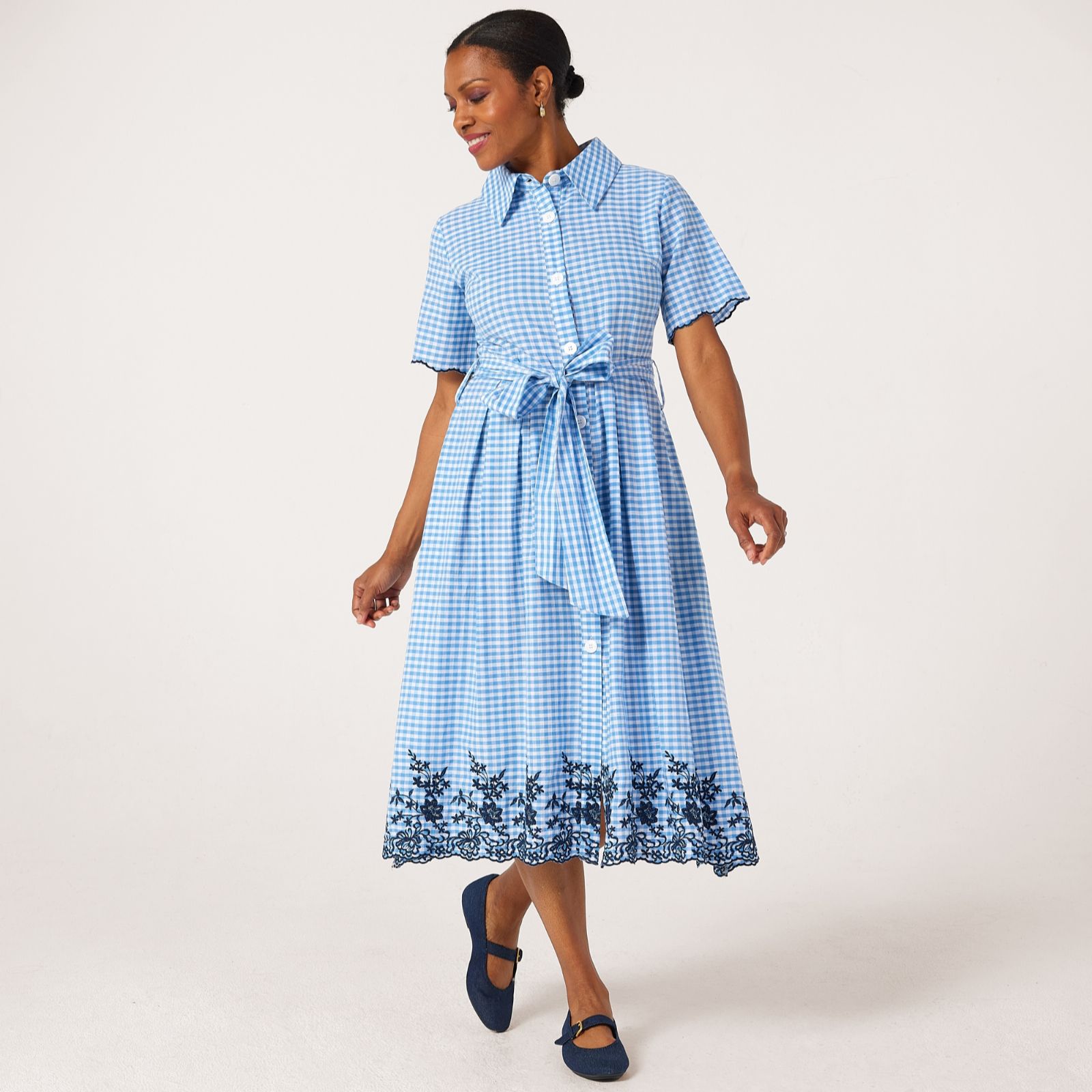 Helene Berman 100% Cotton Gingham Floral Short Sleeve Shirt Dress