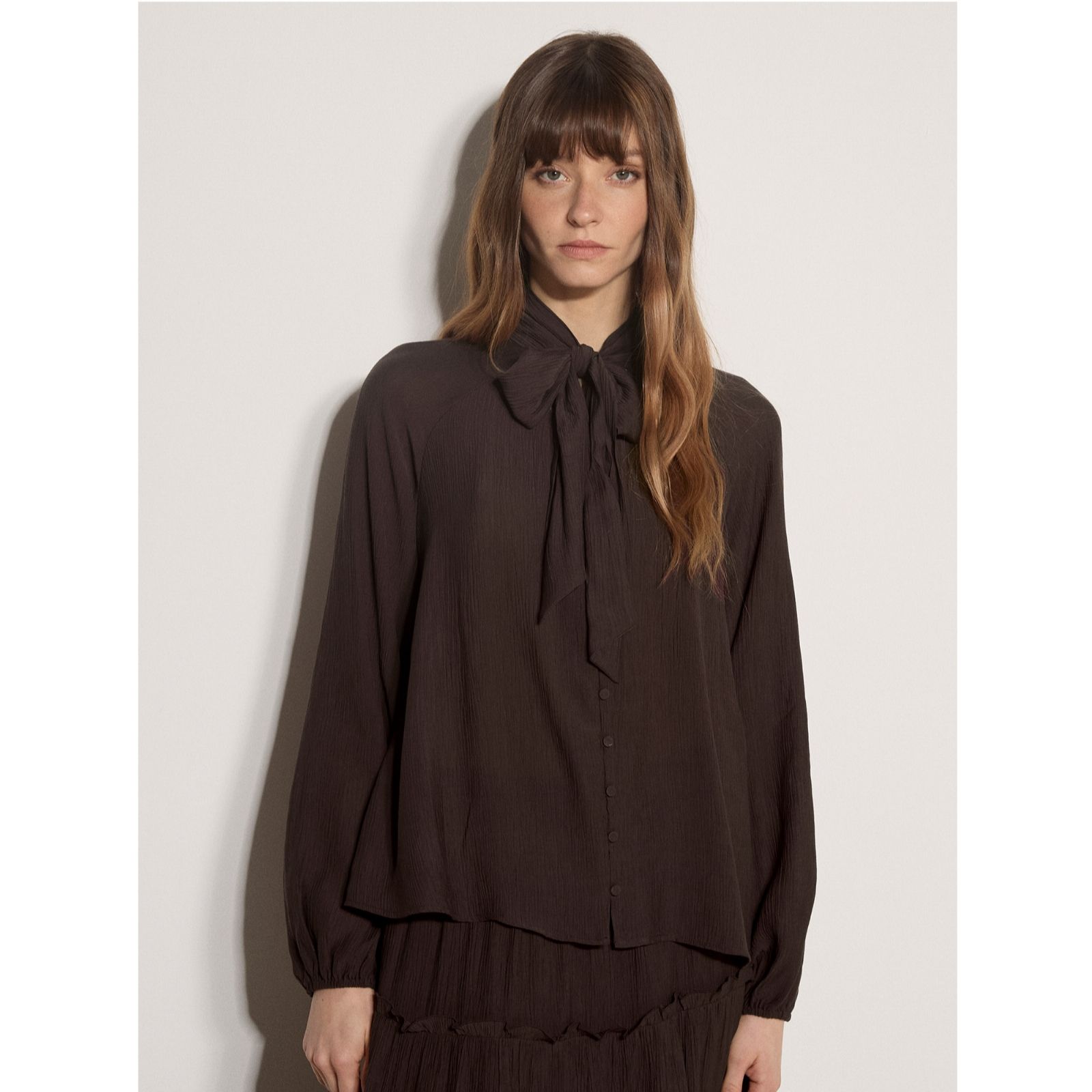 Apricot Tie Neck Crinkle Blouse