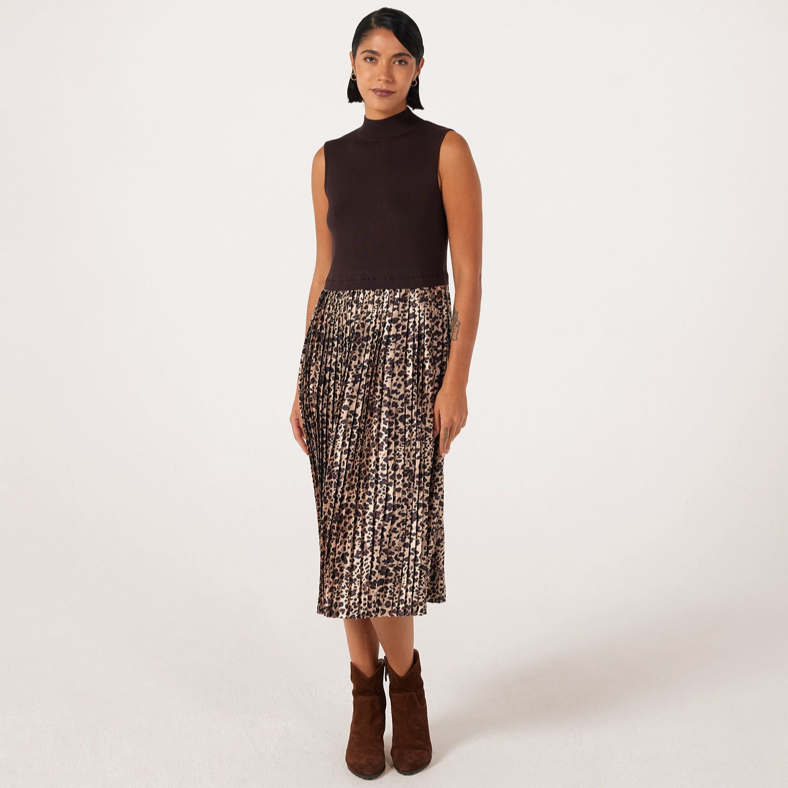 Nina Leonard Sleeveless Smoke Rib Knit With Printed Pleat Dress
