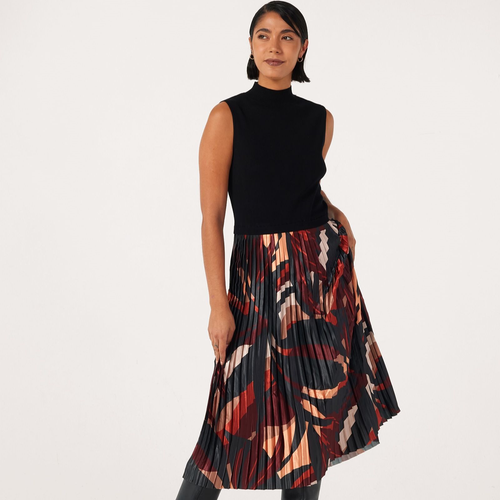 Nina Leonard Sleeveless Smoke Rib Knit With Printed Pleat Dress