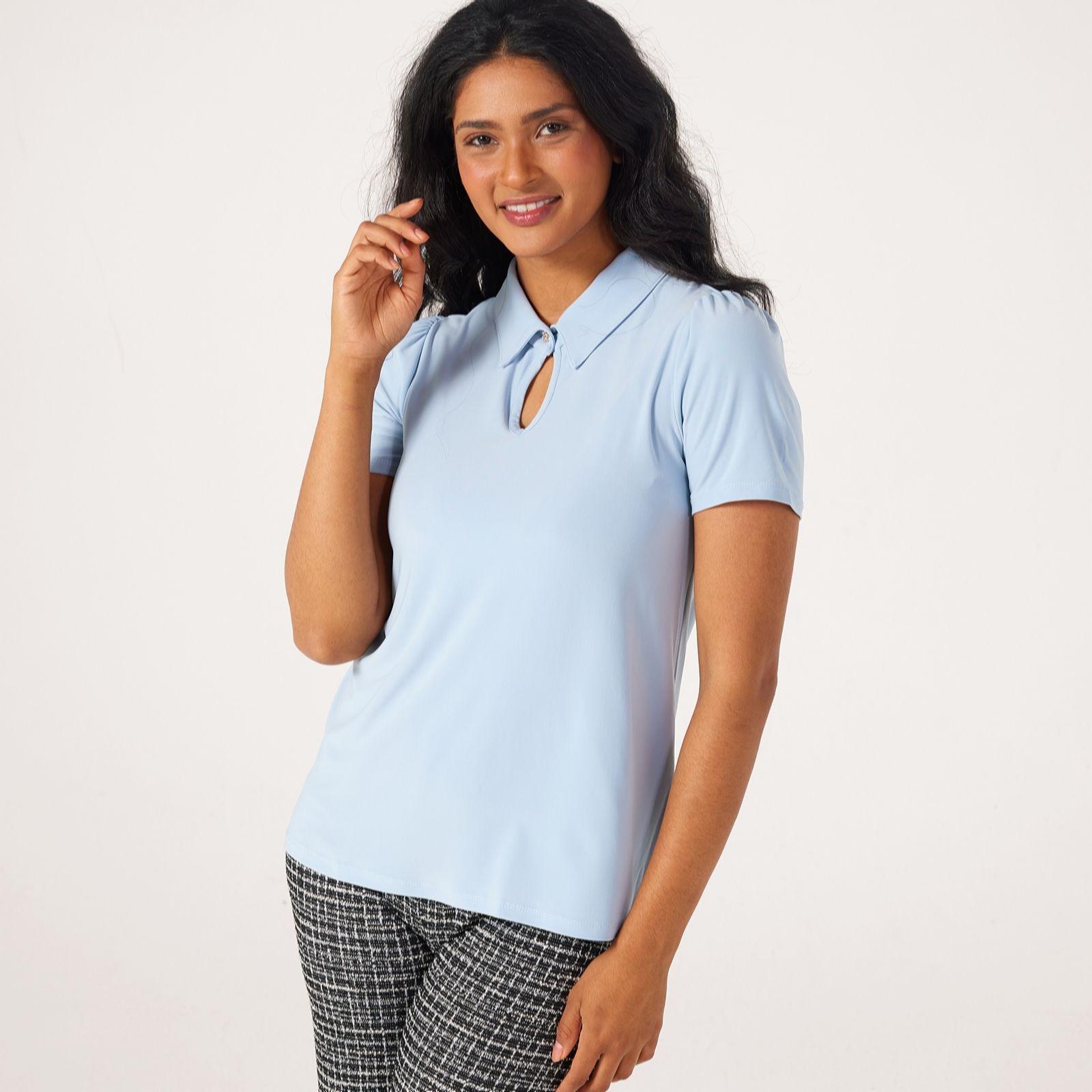 Kim & Co Deluxe Brazil Jersey Short Sleeve Collar Top with Keyhole