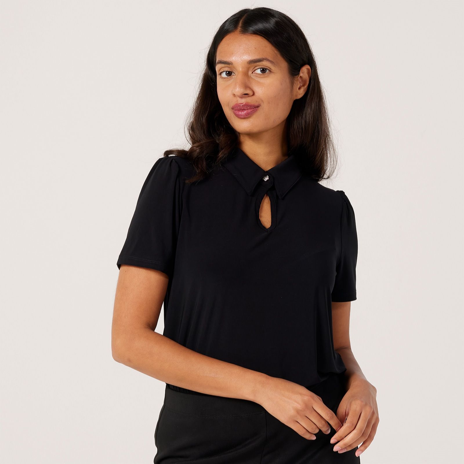 Kim & Co Deluxe Brazil Jersey Short Sleeve Collar Top with Keyhole