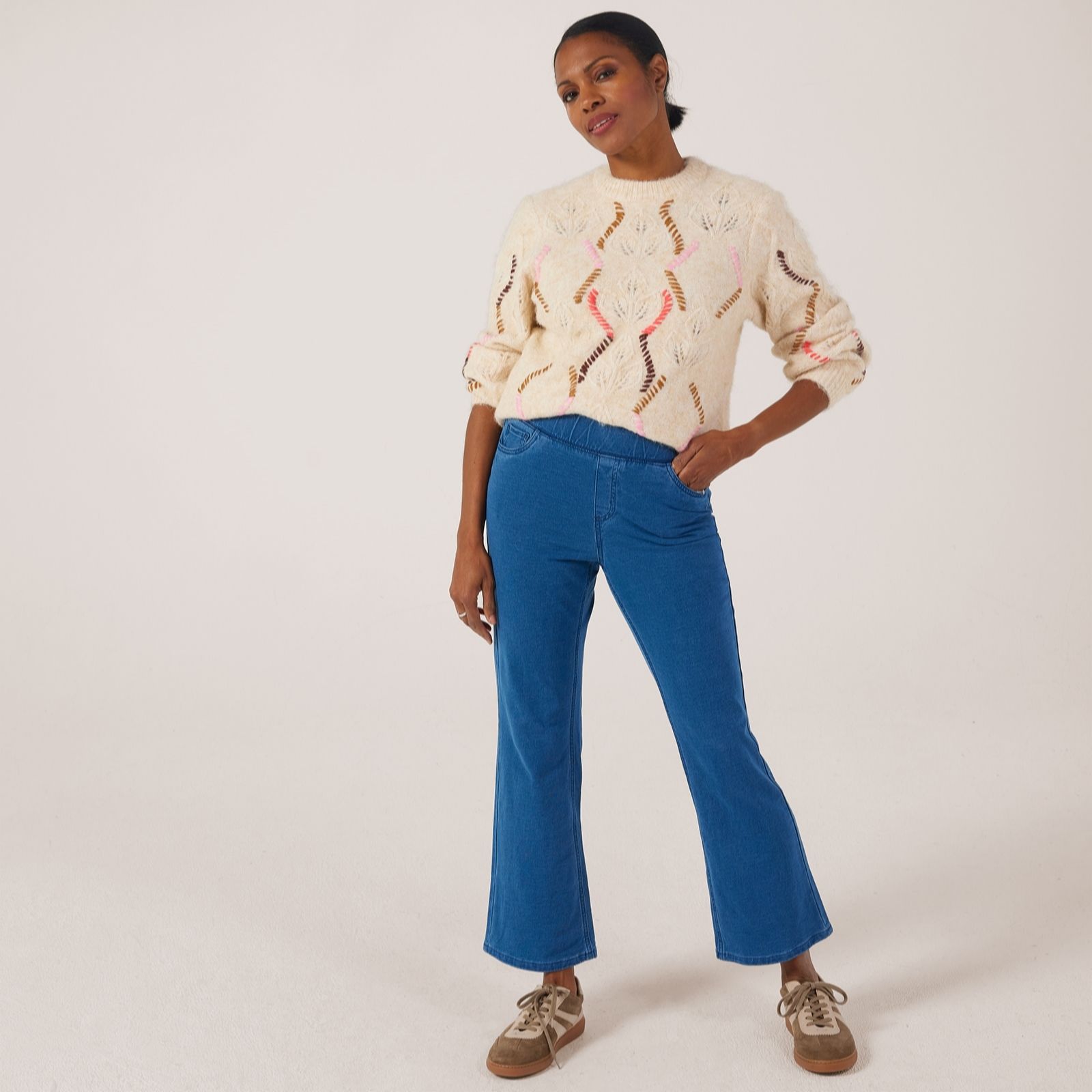 Denim & Co. Knit Denim Pull-On Boot Leg Jeans Petite