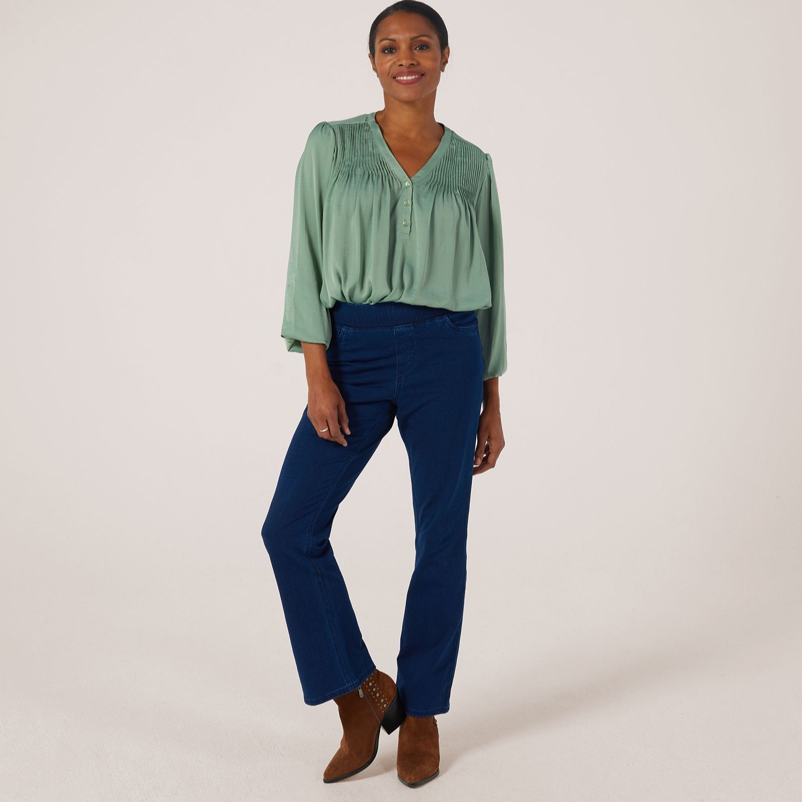 Denim & Co. Knit Denim Pull-On Boot Leg Jeans Petite