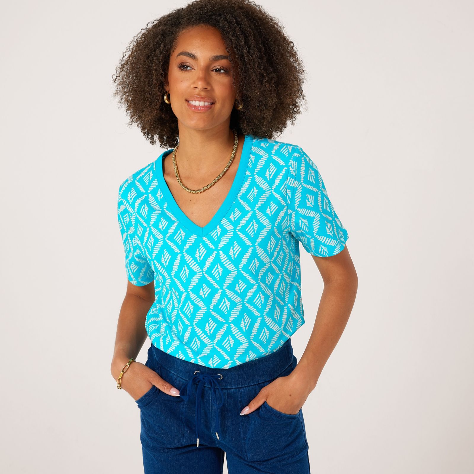 Denim & Co. Essential Short Sleeve Print V-Neck T-Shirt