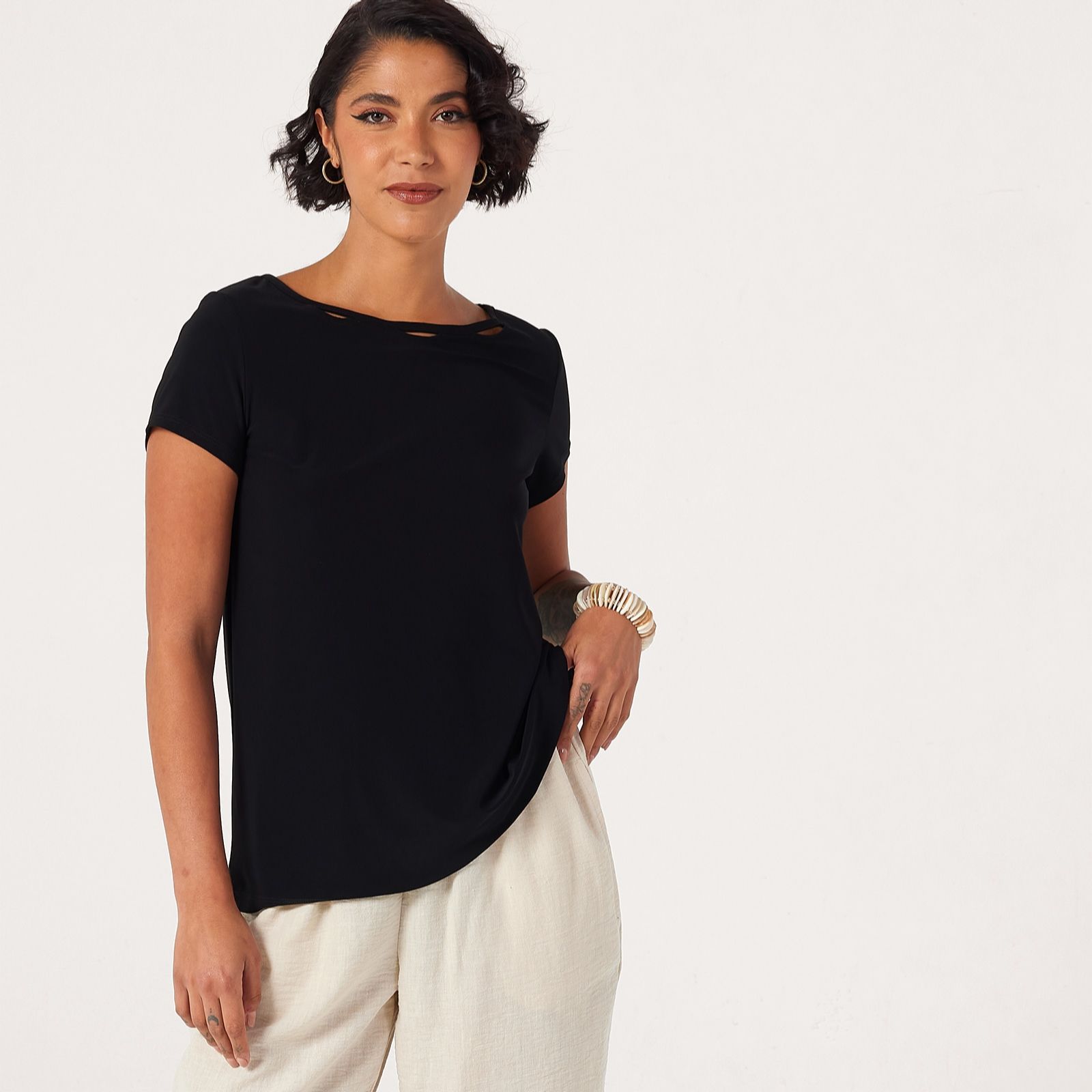 Kim & Co Deluxe Brazil Knit Short Sleeve T-shirt with Keyhole