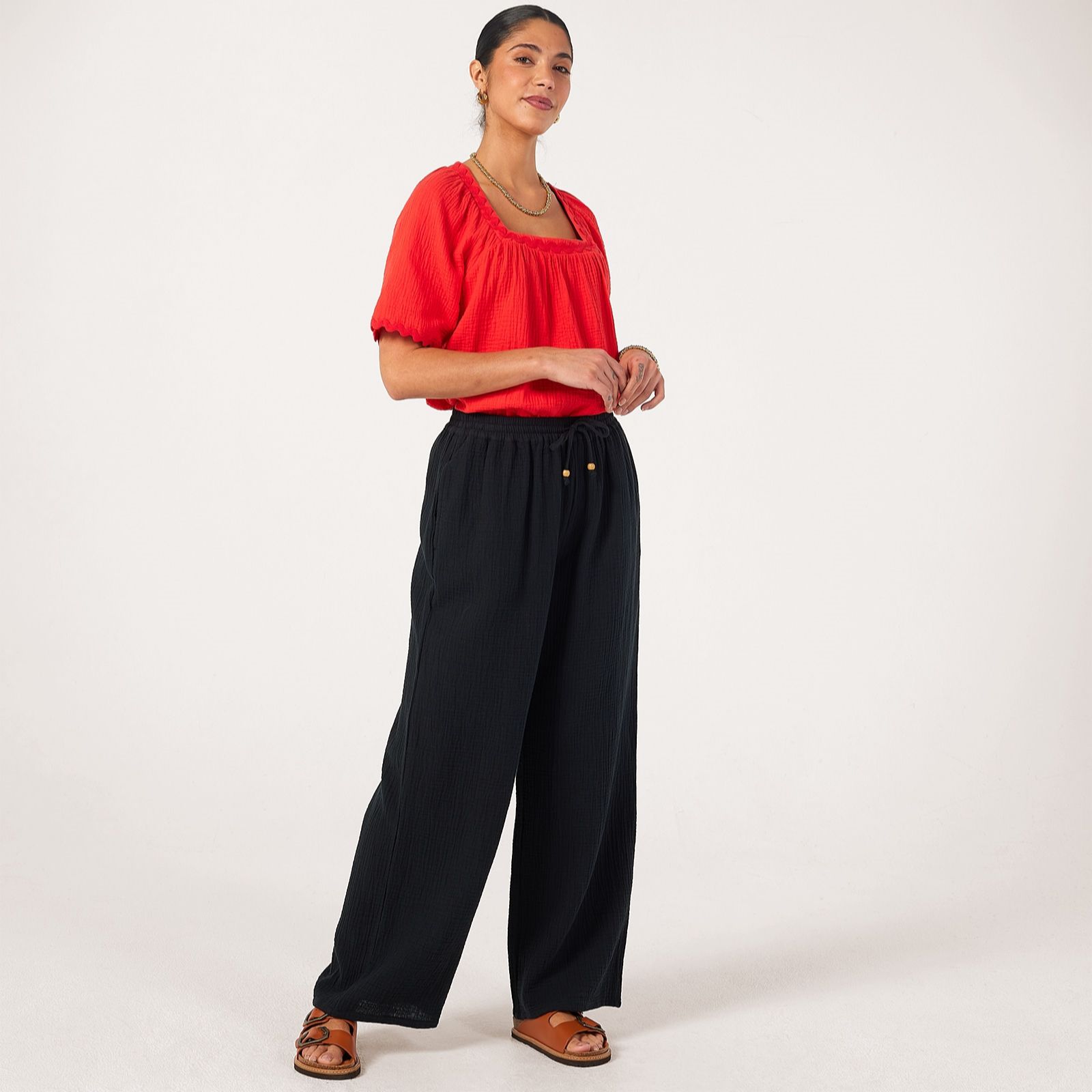 Denim & Co Cotton Textured Pull on Wide Leg Trouser Standard