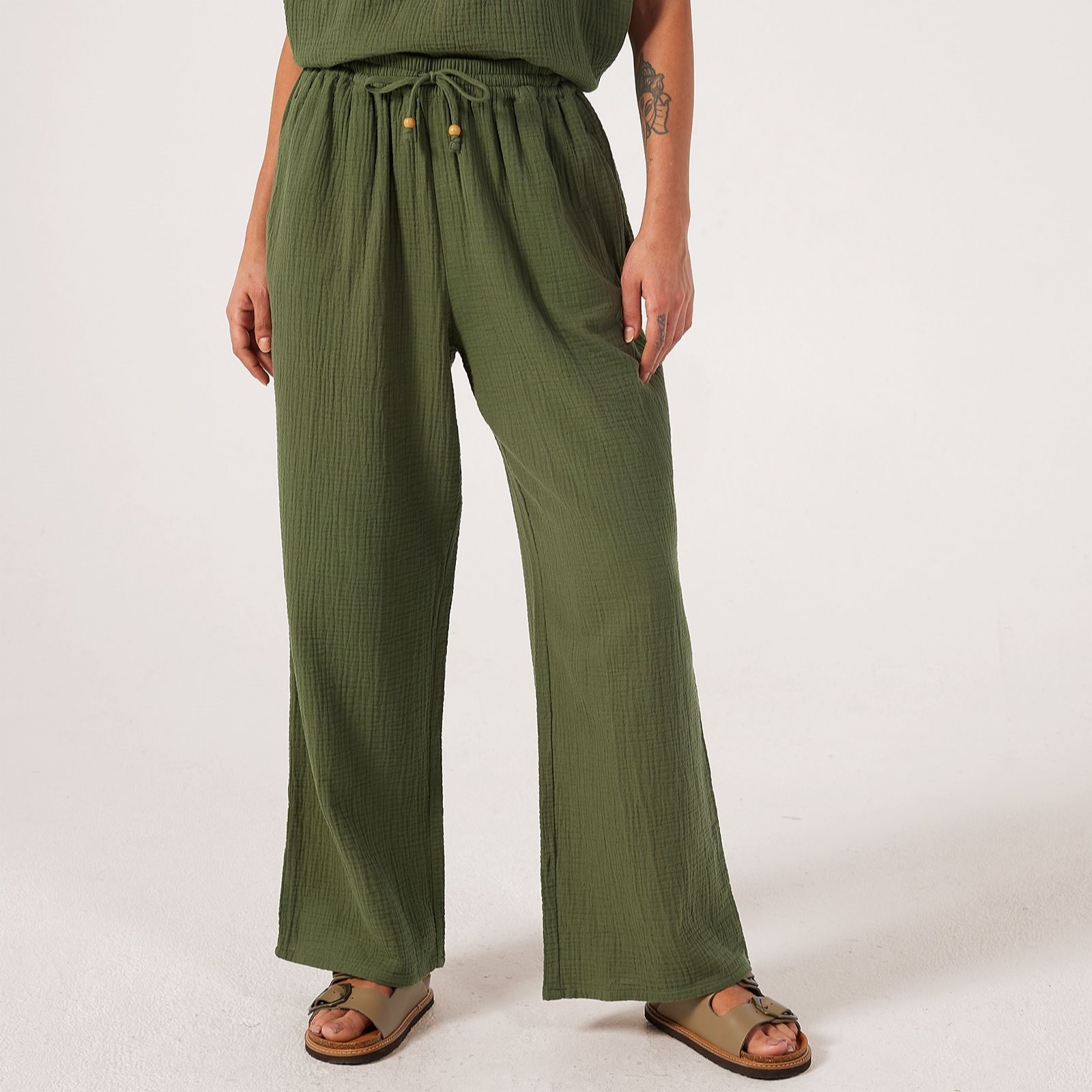 Denim & Co Cotton Textured Pull on Wide Leg Trouser Standard