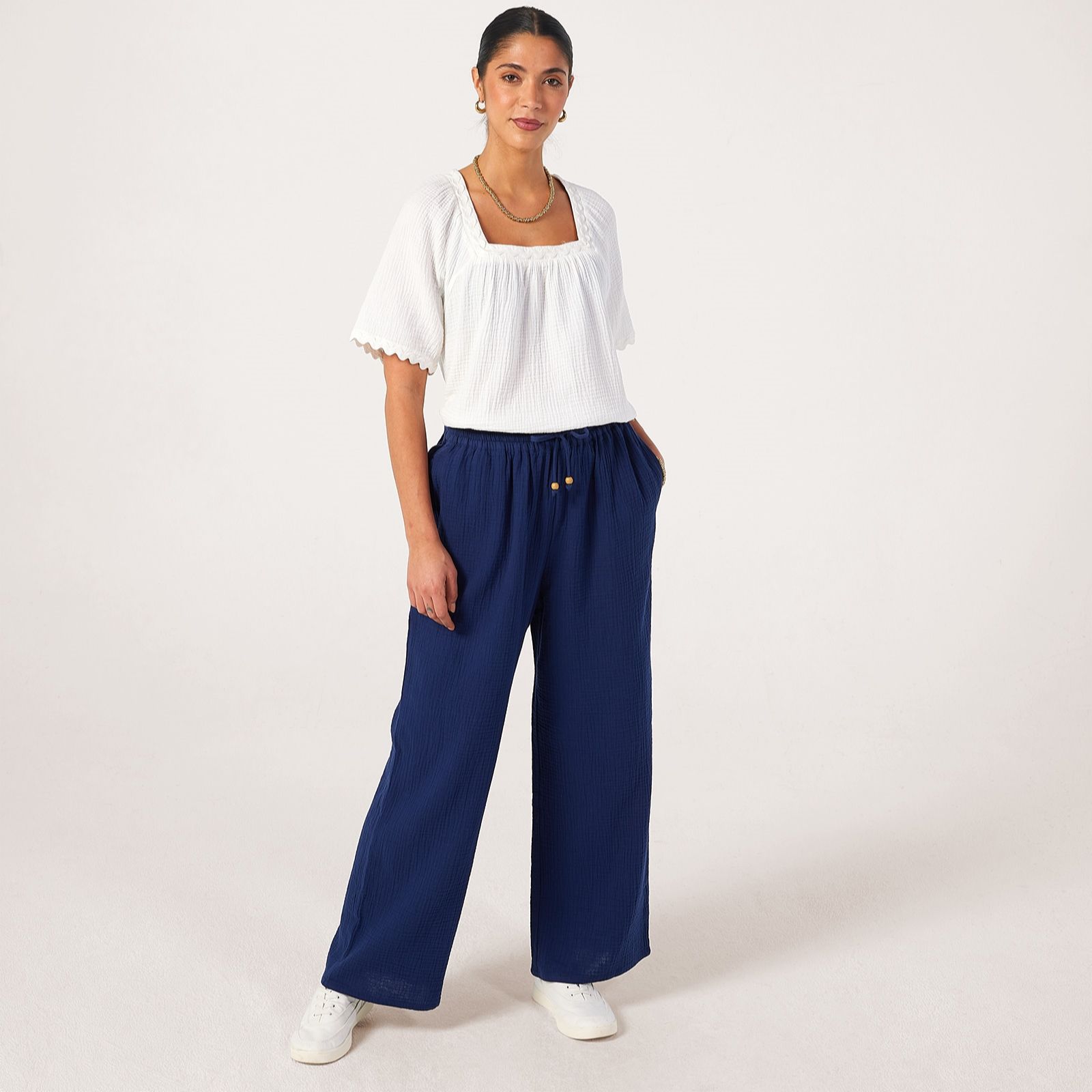Denim & Co Cotton Textured Pull on Wide Leg Trouser Standard