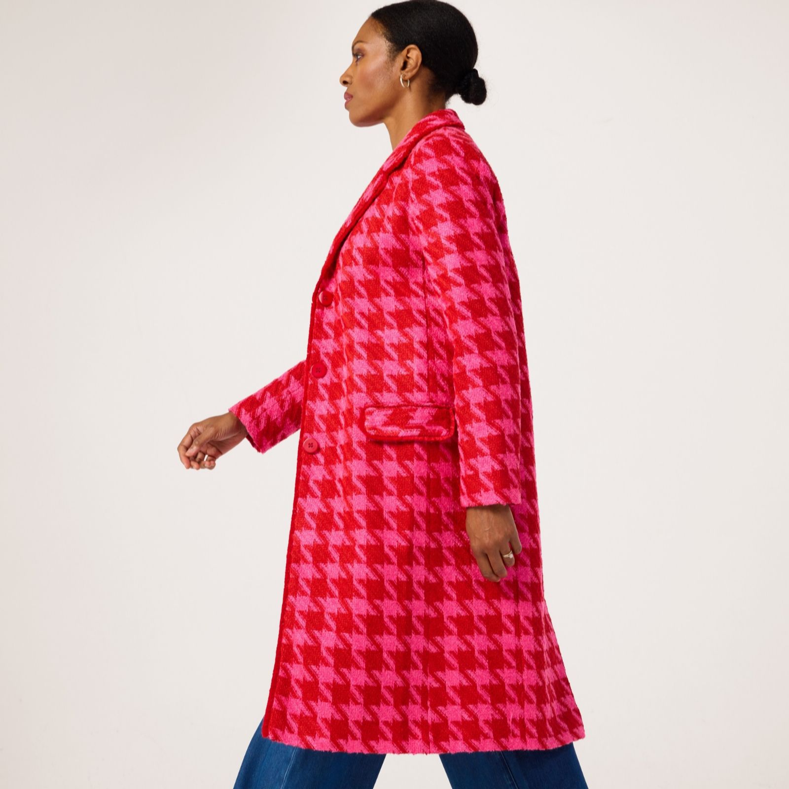  Helene Berman Red & Pink Houndtooth College Coat