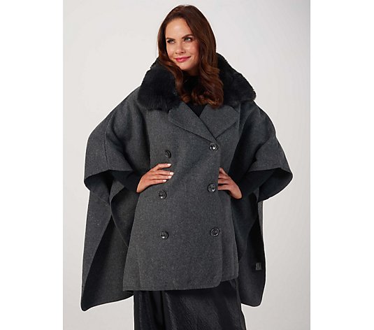 Frank Usher Double Breasted Cape with Faux Fur Collar