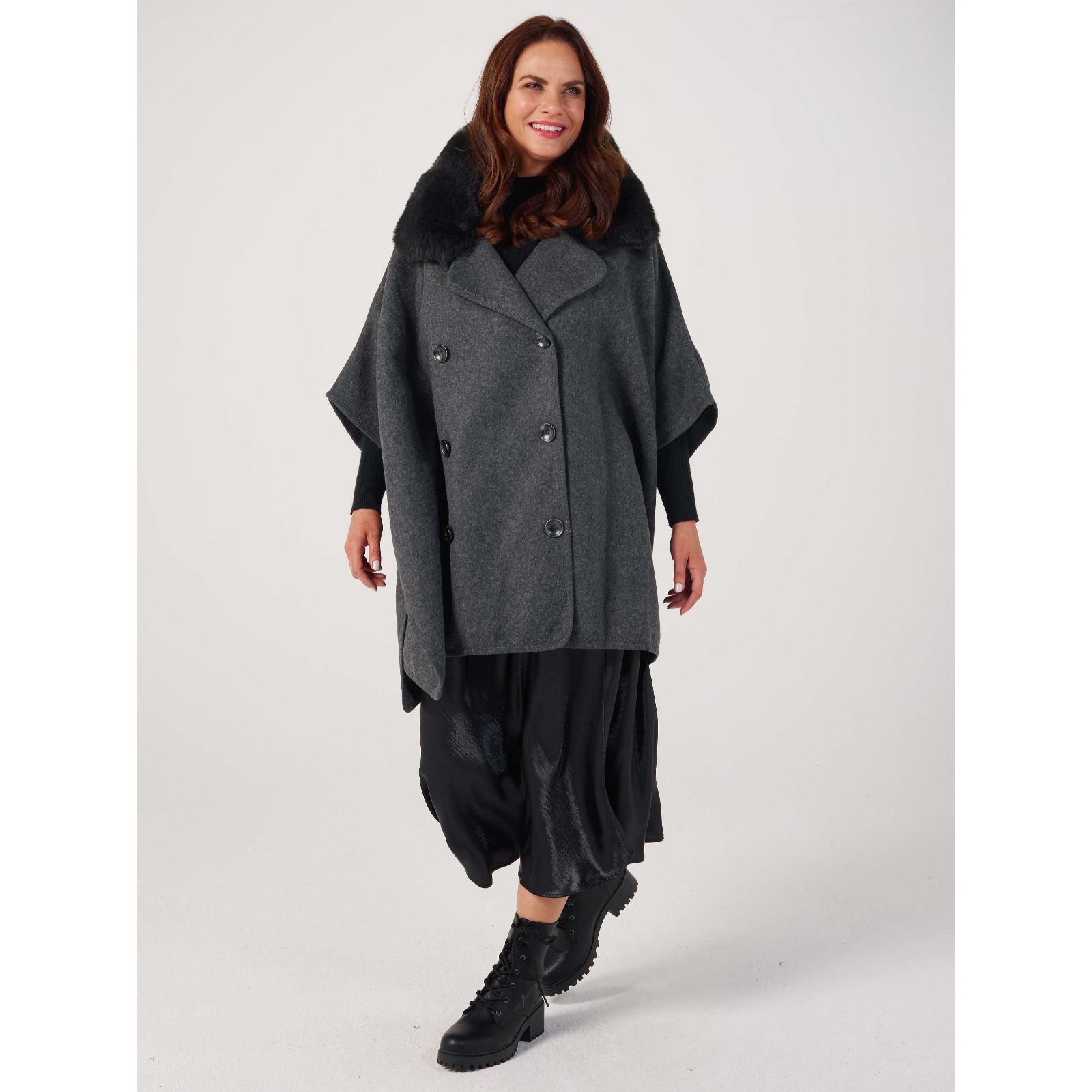 Frank Usher Double Breasted Cape with Faux Fur Collar - QVC UK
