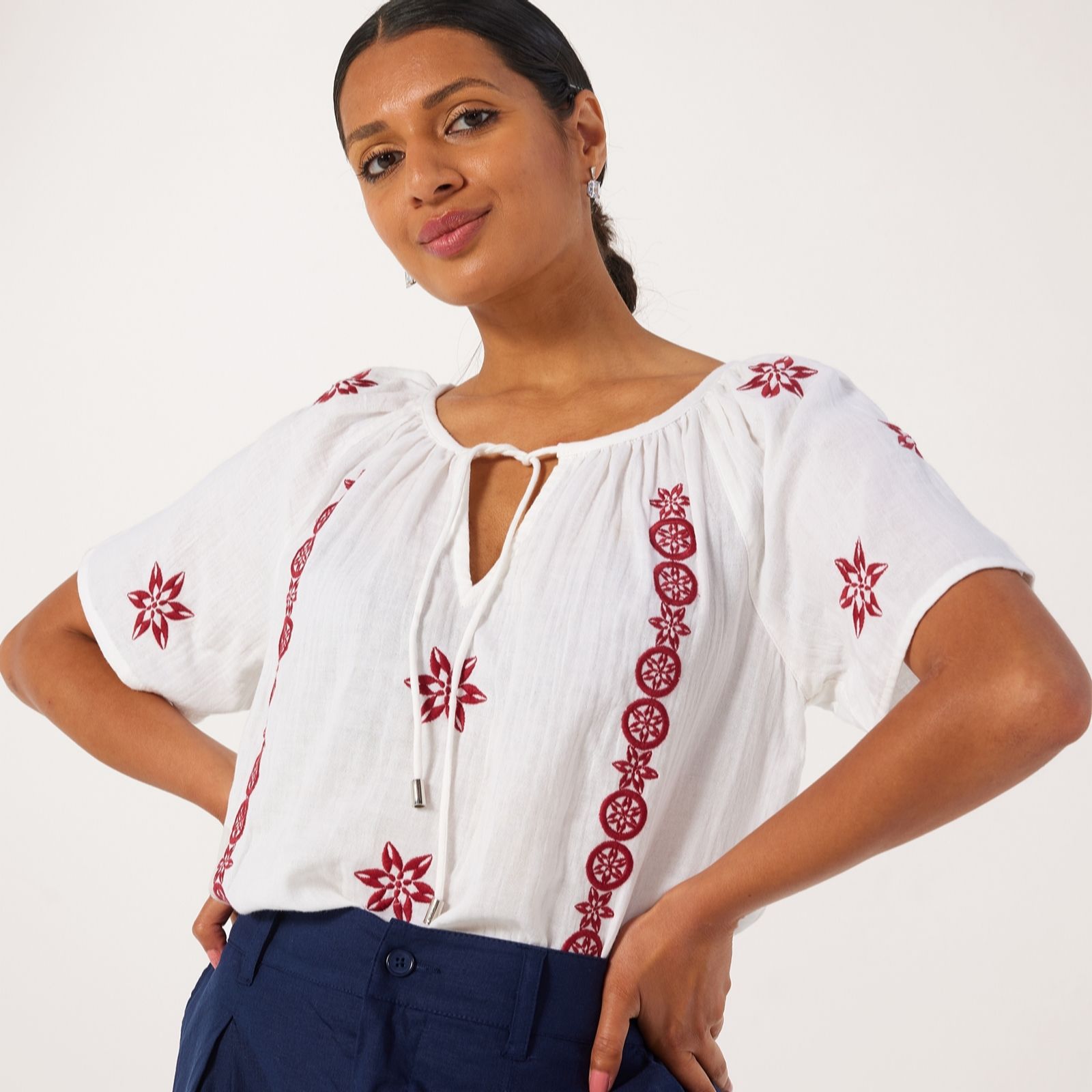 Denim & Co. Short Sleeve Embroidered Blouse