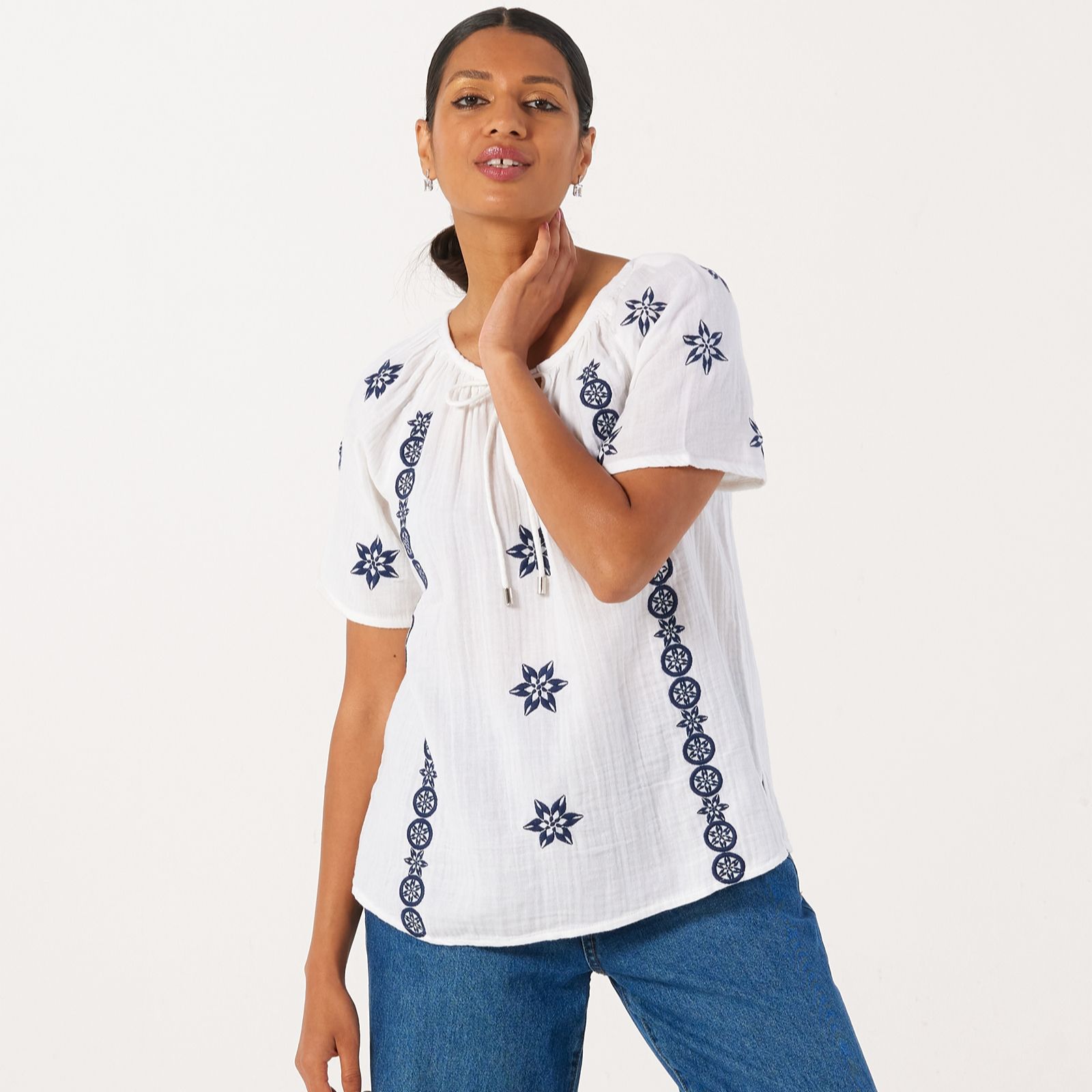 Denim & Co. Short Sleeve Embroidered Blouse