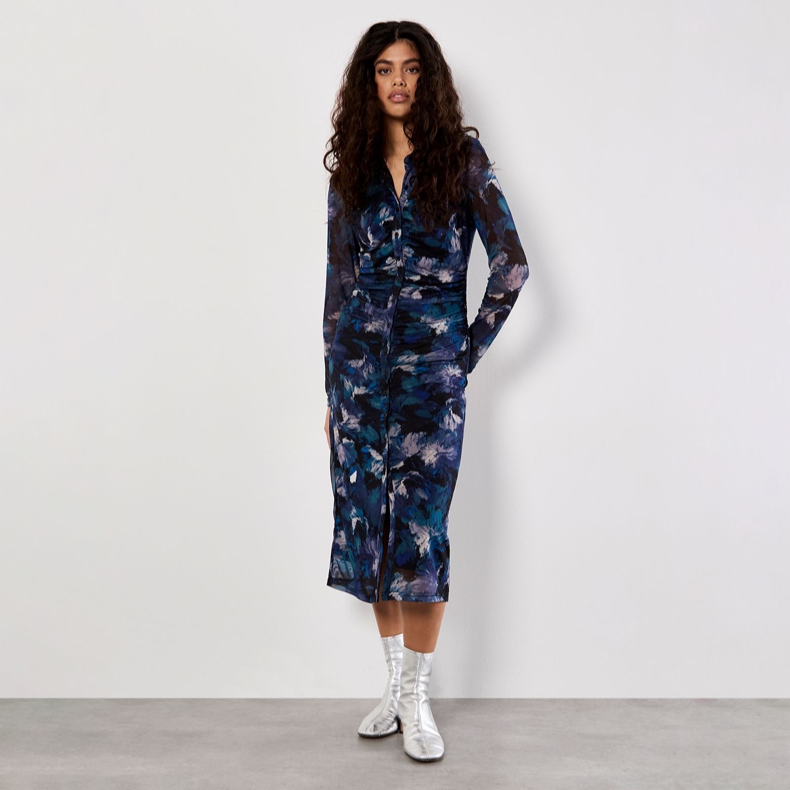Apricot Paintbrush Floral Mesh Ruched Midi Shirt Dress