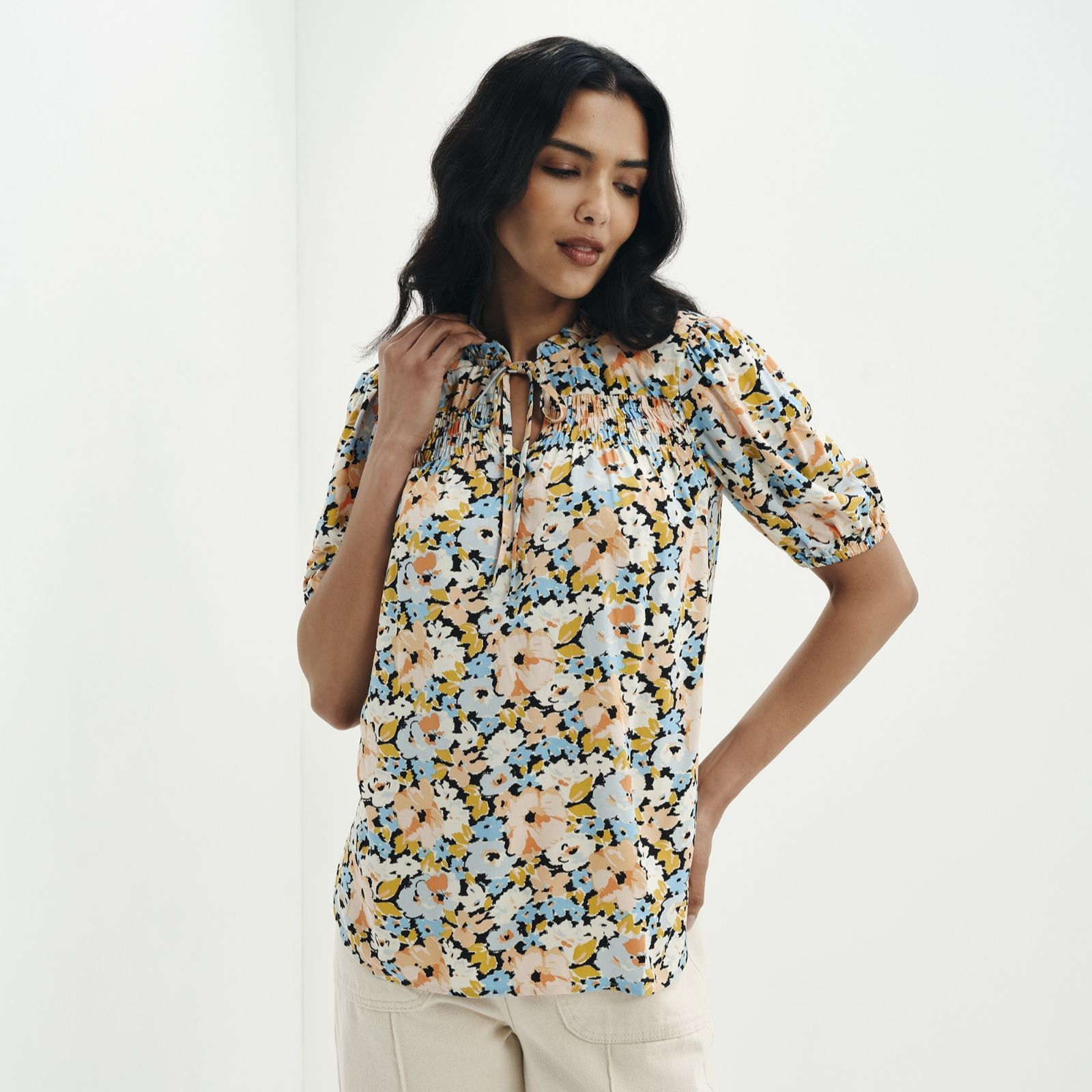 Finery London Marcie Frill Tie Neck Printed Top