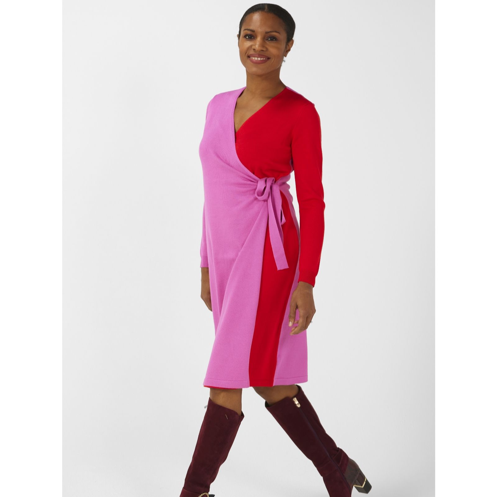 Nina Leonard Colour Block Knit Wrap Dress - QVC UK