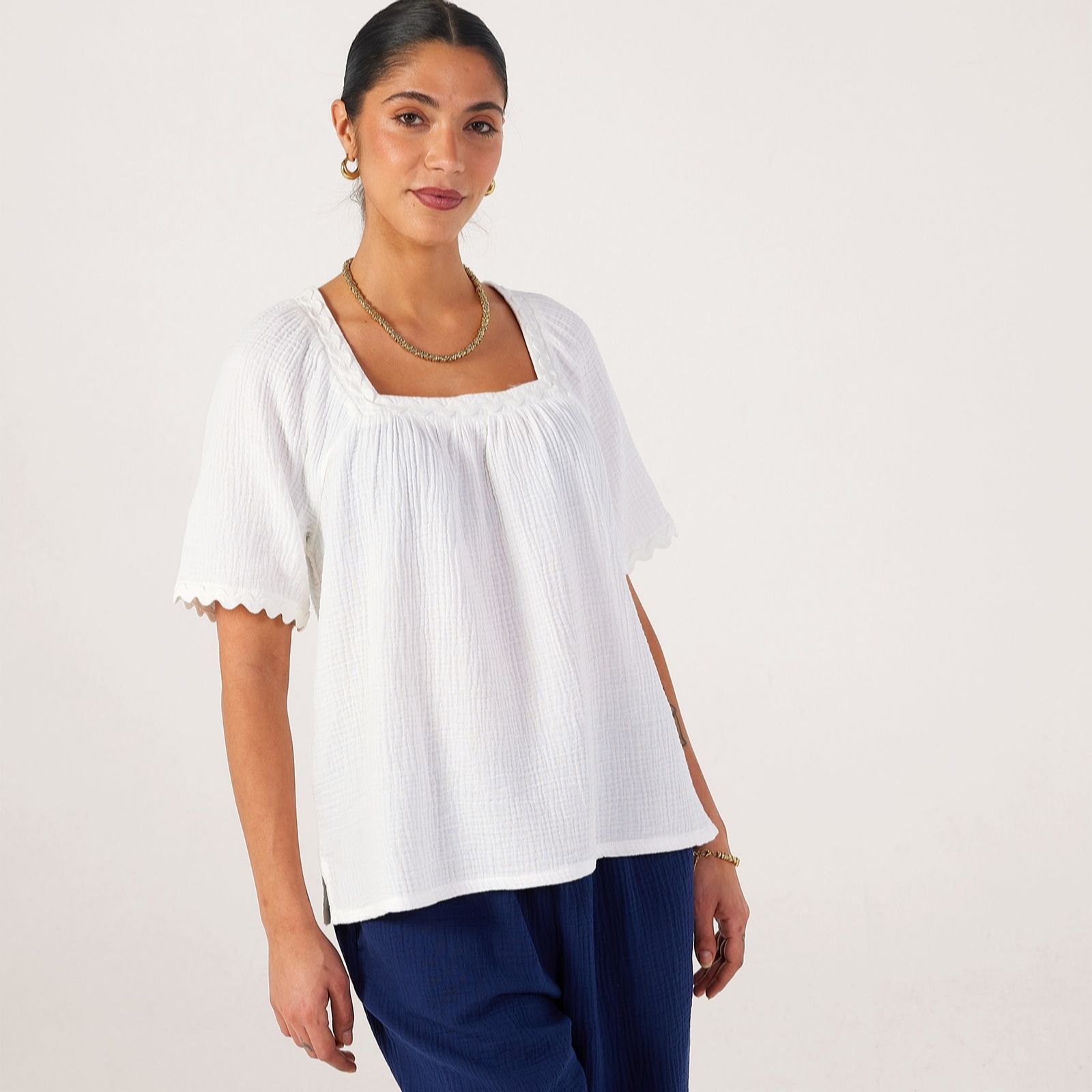 Denim & Co. Pure Cotton Textured Top with Trim