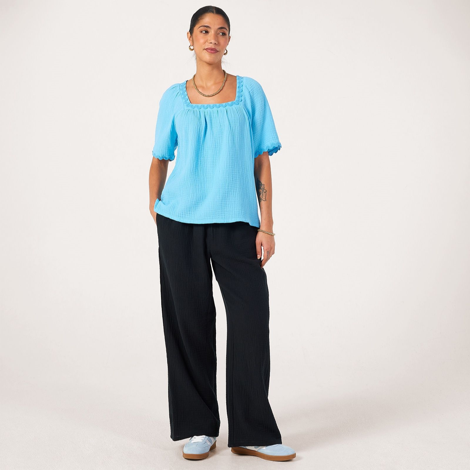 Denim & Co. Pure Cotton Textured Top with Trim