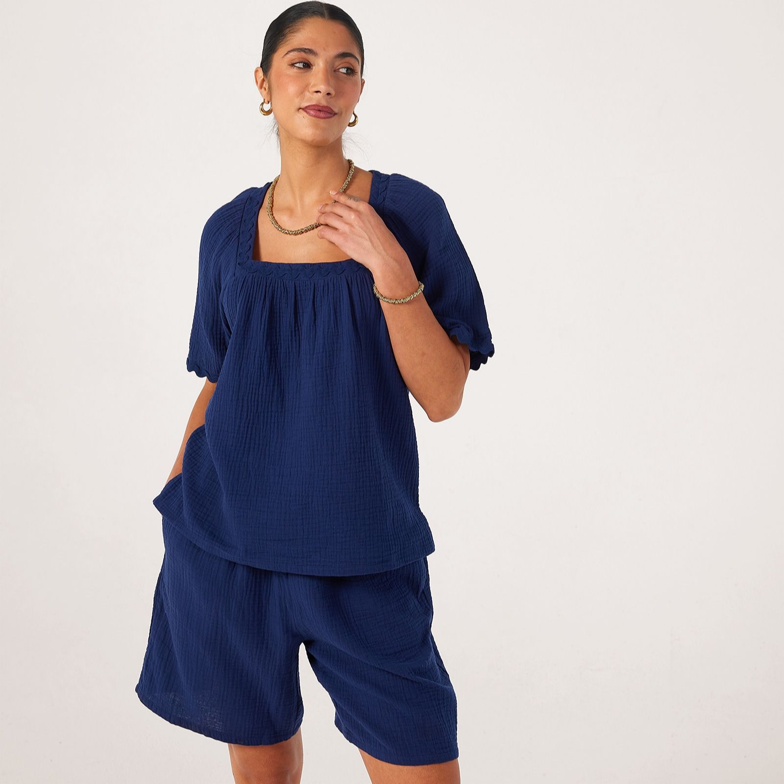 Denim & Co. Pure Cotton Textured Top with Trim