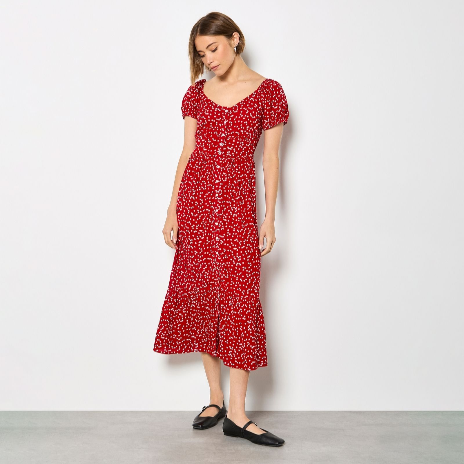 Apricot Mini Round Button Heart-Print Midi Dress