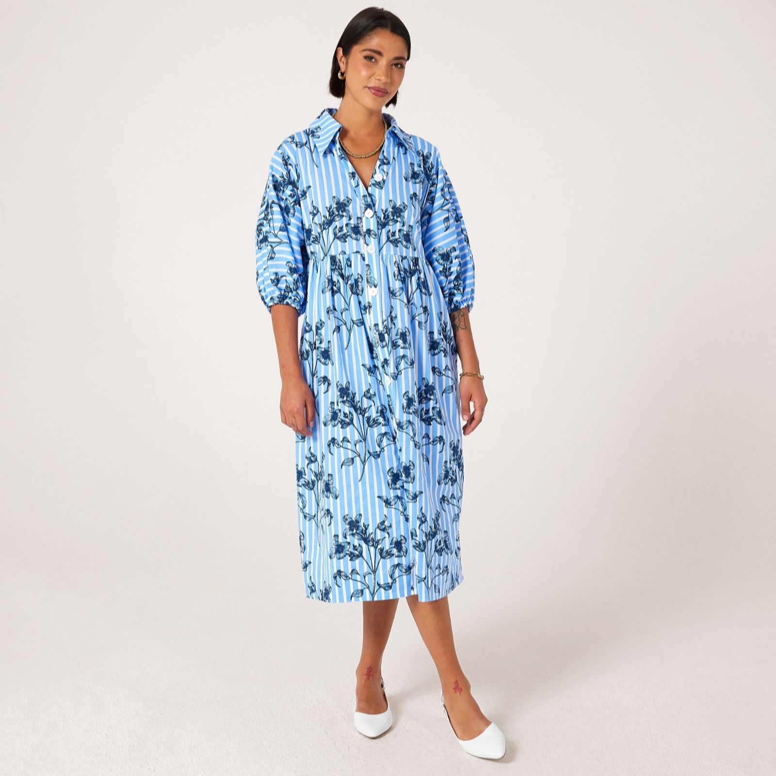 Helene Berman Blue Striped Dress with Floral Print
