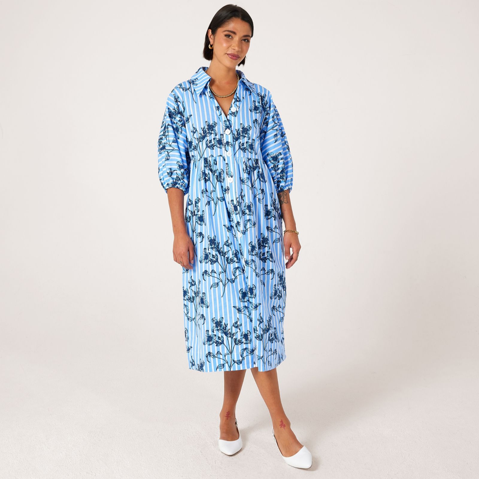 Helene Berman Blue Striped Dress with Floral Print