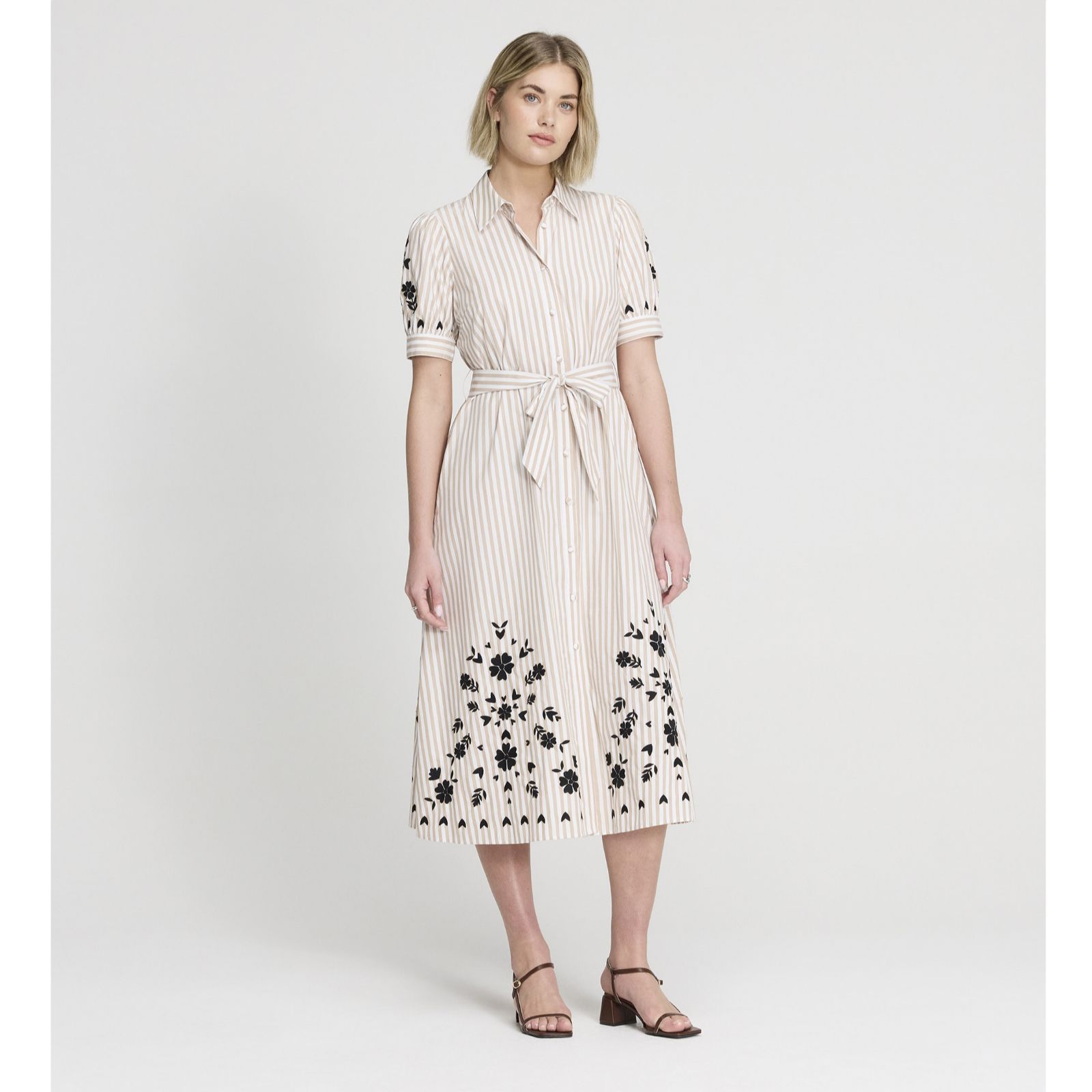 Finery London Daniella Cotton Neutral Stripe Shirt Dress Petite