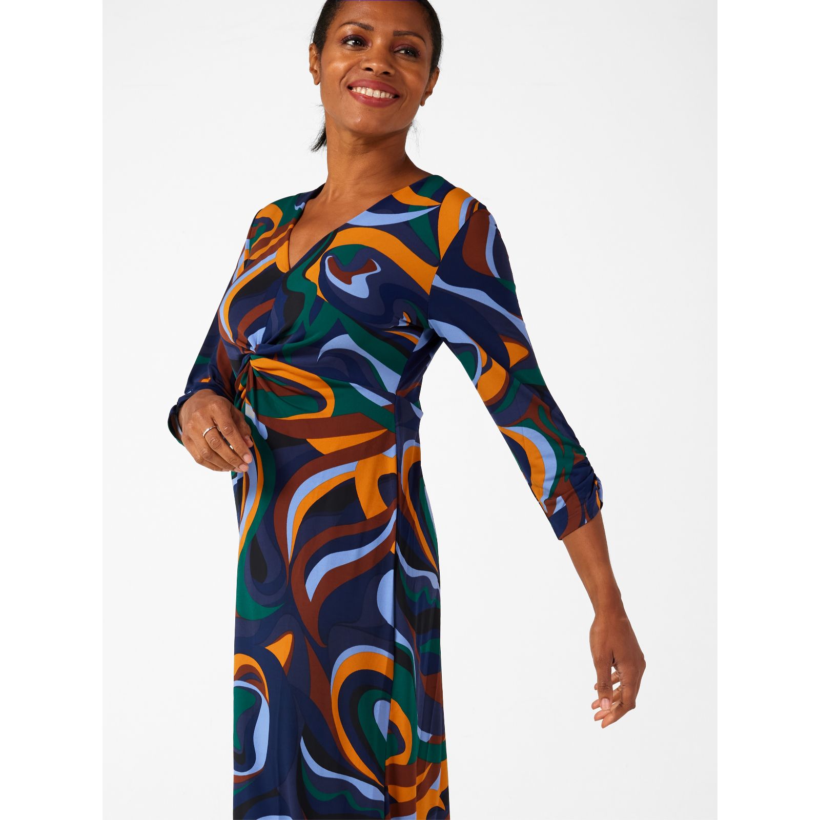 Kim Co Brazil Jersey Twist Front 3 4 Sleeve Midi Dress QVC UK