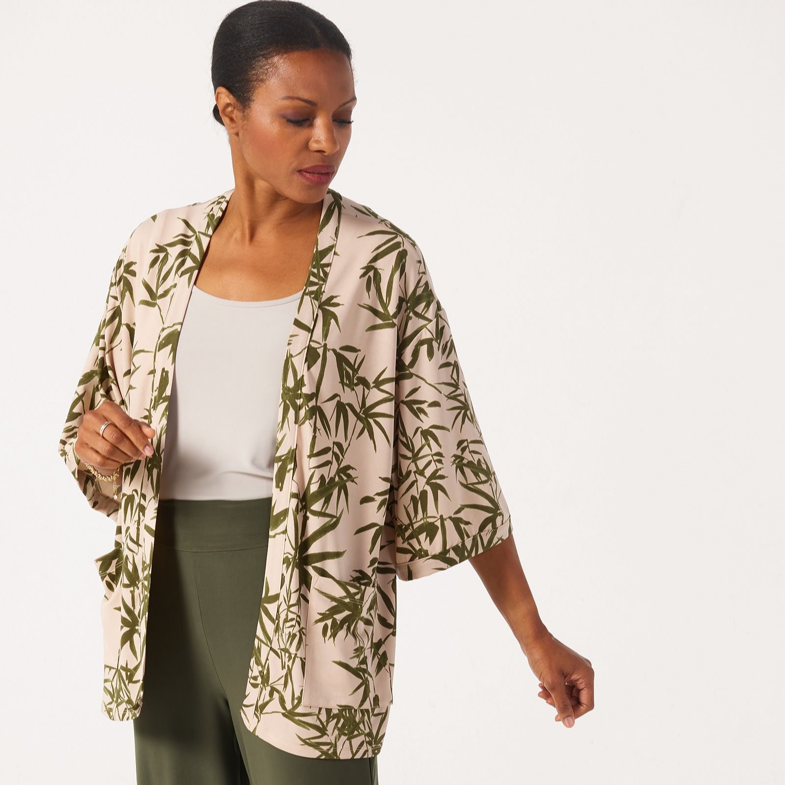 Kim & Co Brazil Jersey 3/4 Sleeve Kaftan Cardigan With Pockets
