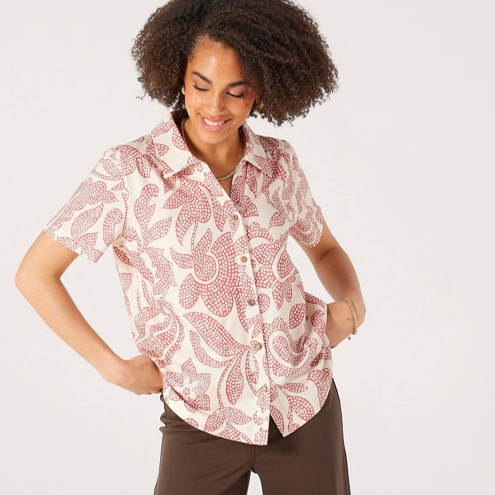 Denim & Co. Short Sleeve Jersey Cotton Slub Printed Shirt