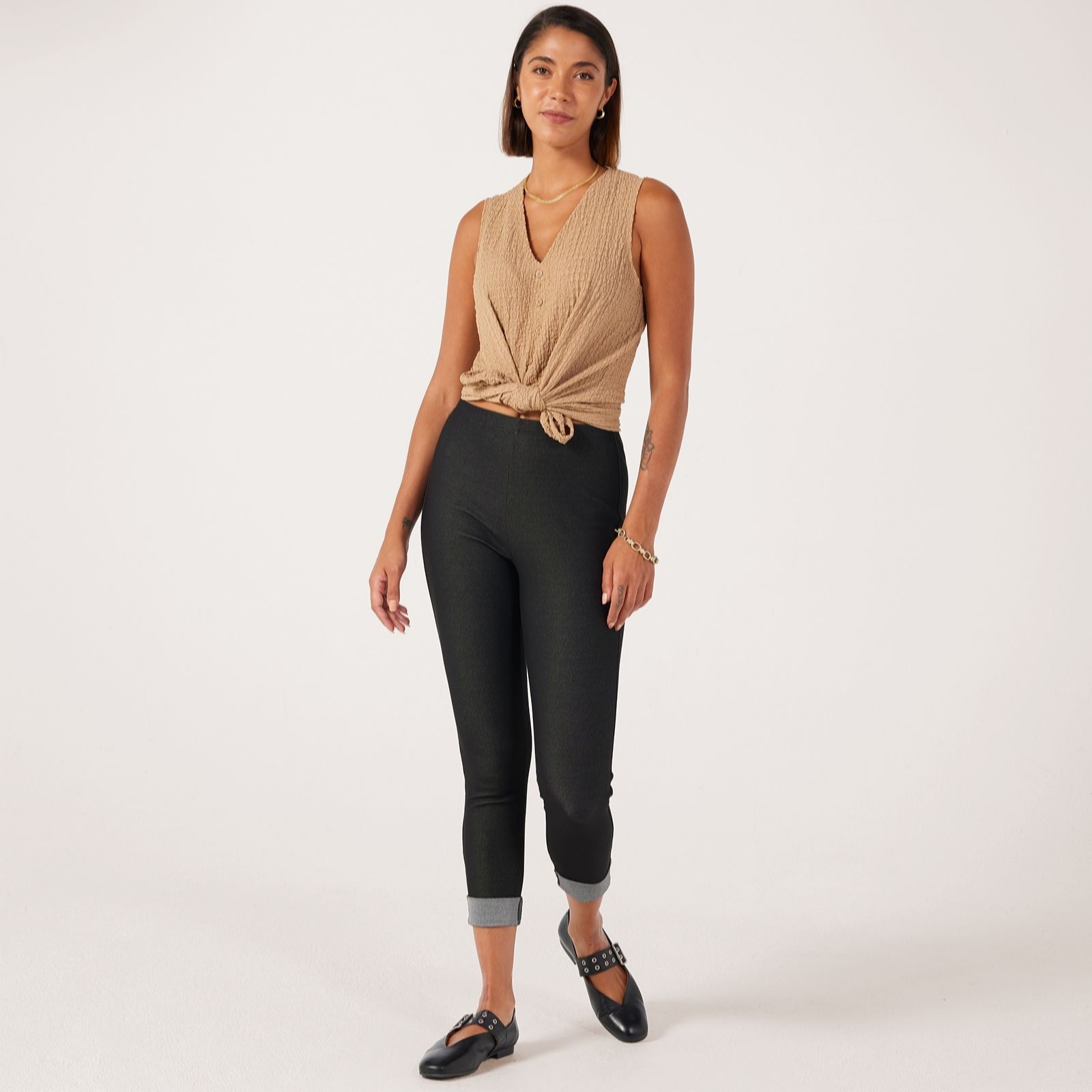 Kim & Co Deluxe Denim Knit Cropped Leggings with Turn Up Detail
