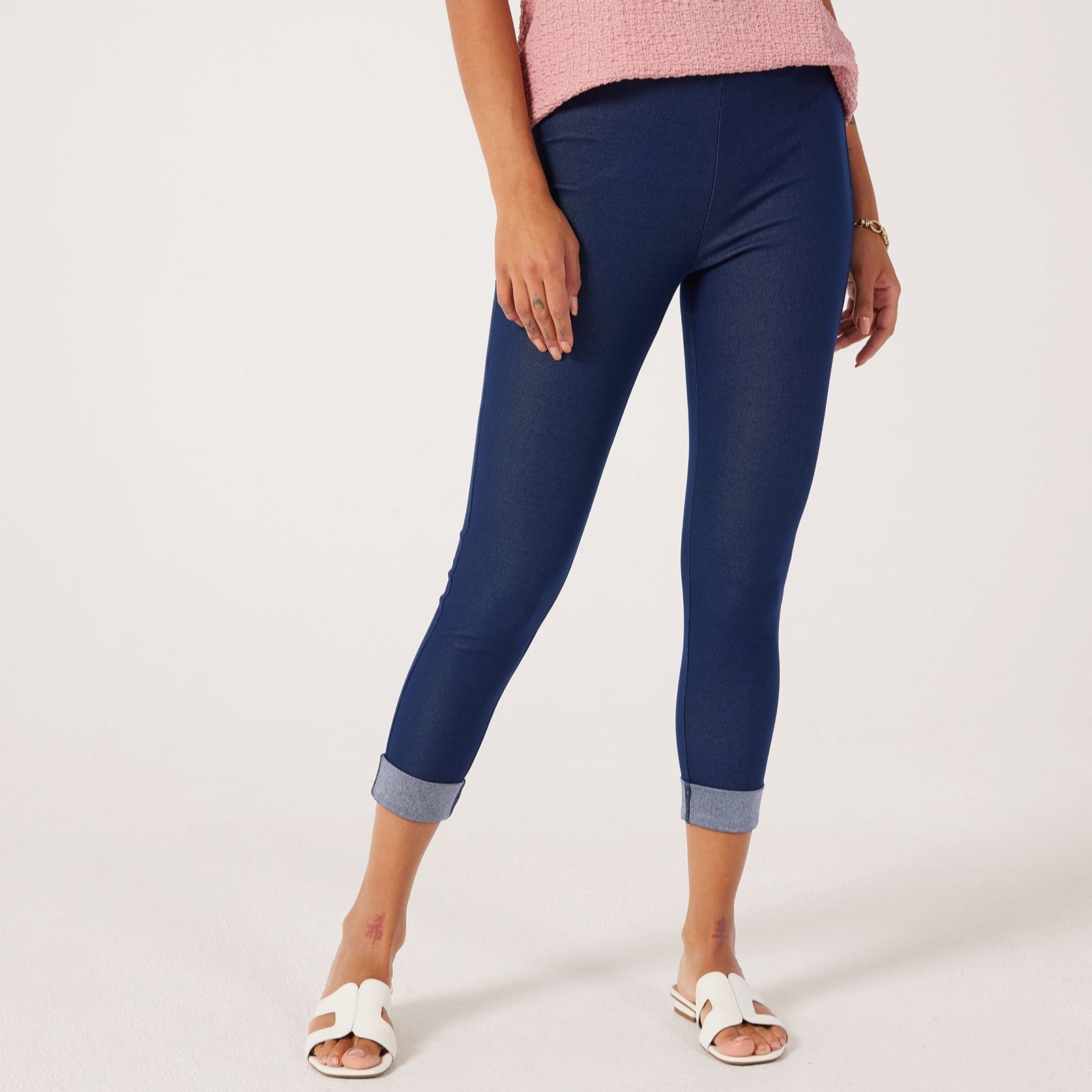 Kim & Co Deluxe Denim Knit Cropped Leggings w/Turn Updetail