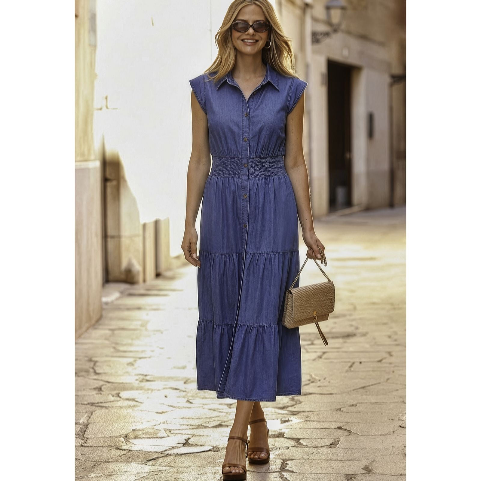 Sosandar Shirred Waist Denim Dress