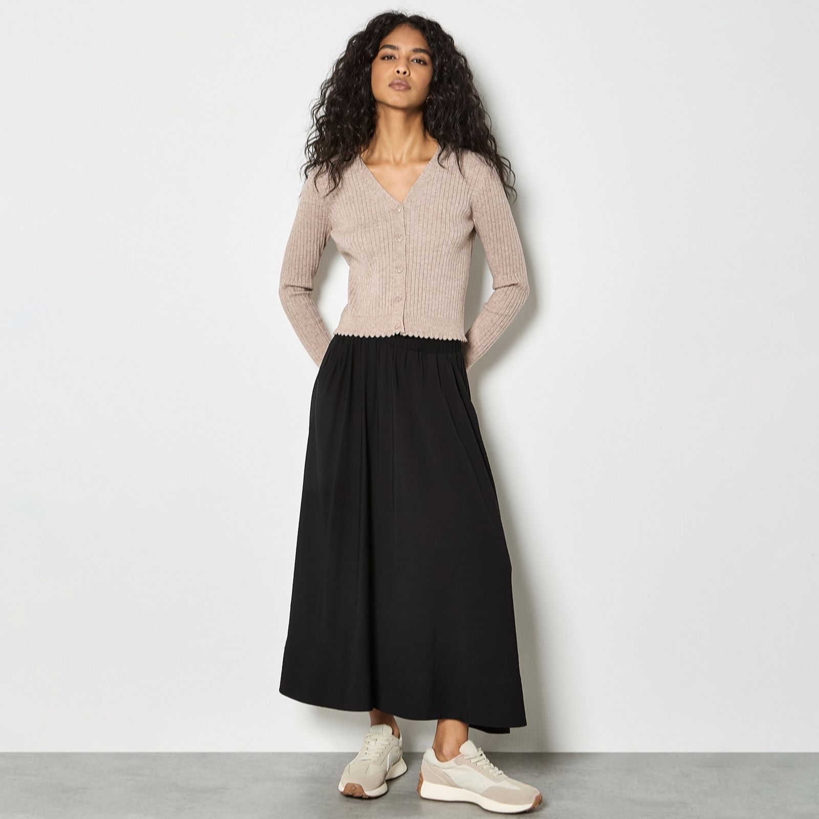 Apricot Ribbed Scallop Basic Cardigan