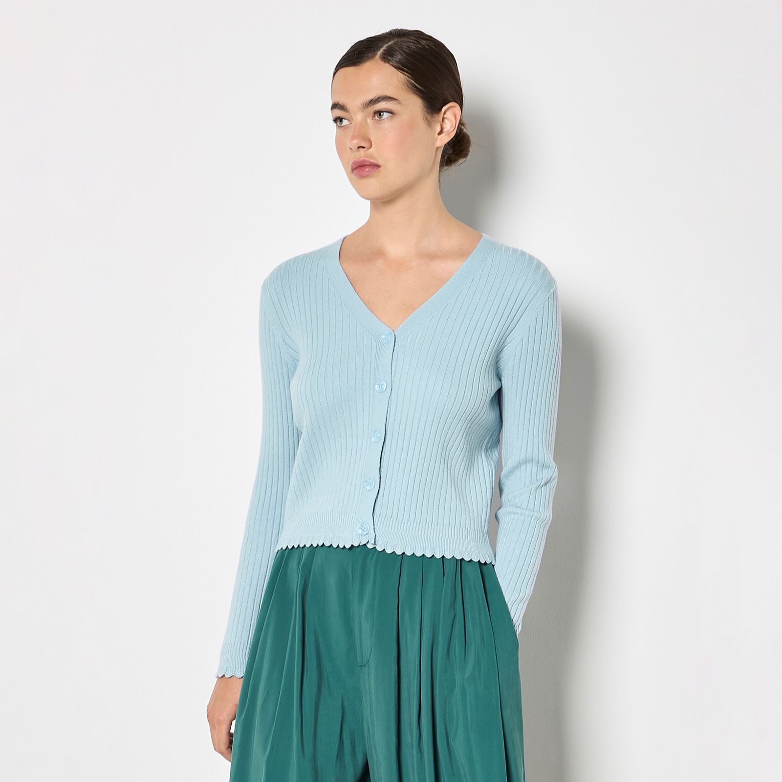 Apricot Ribbed Scallop Basic Cardigan