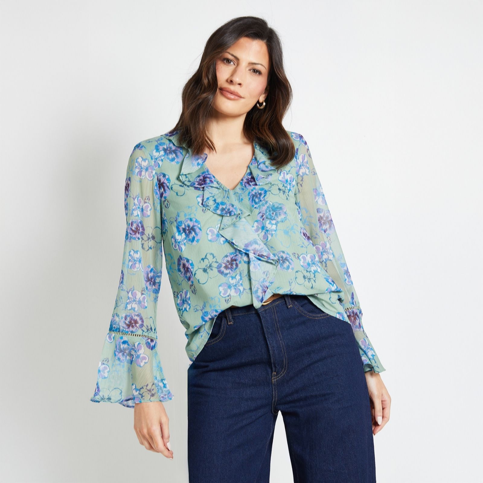 Wallis Printed Ruffle Blouse with Lace Insert