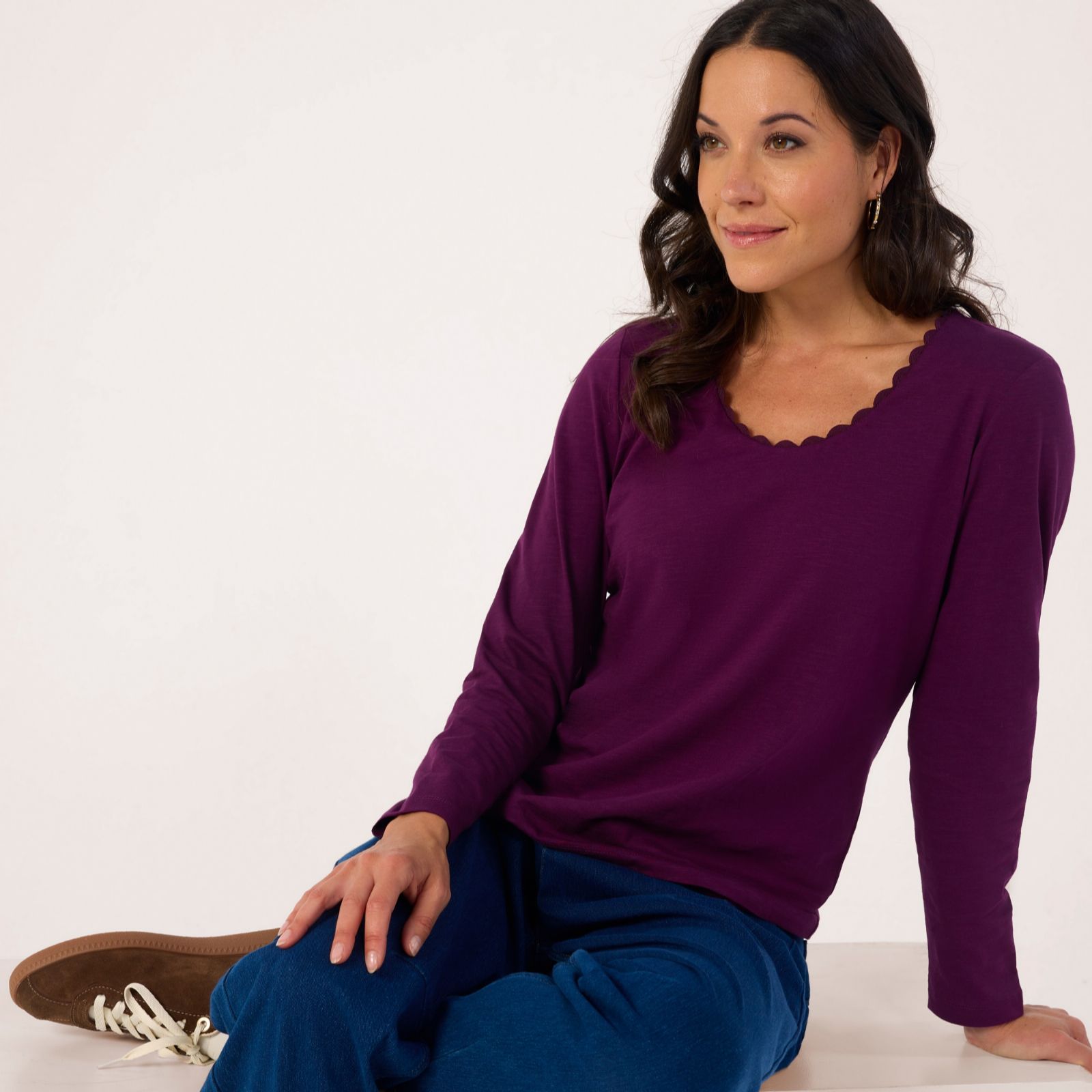 Denim & Co. Scallop Trim Scoop Neck Long Sleeve Top