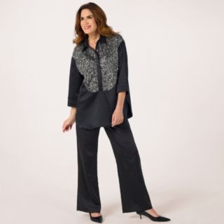 Helene Berman Sequin Satin Button Up Long Line Shirt