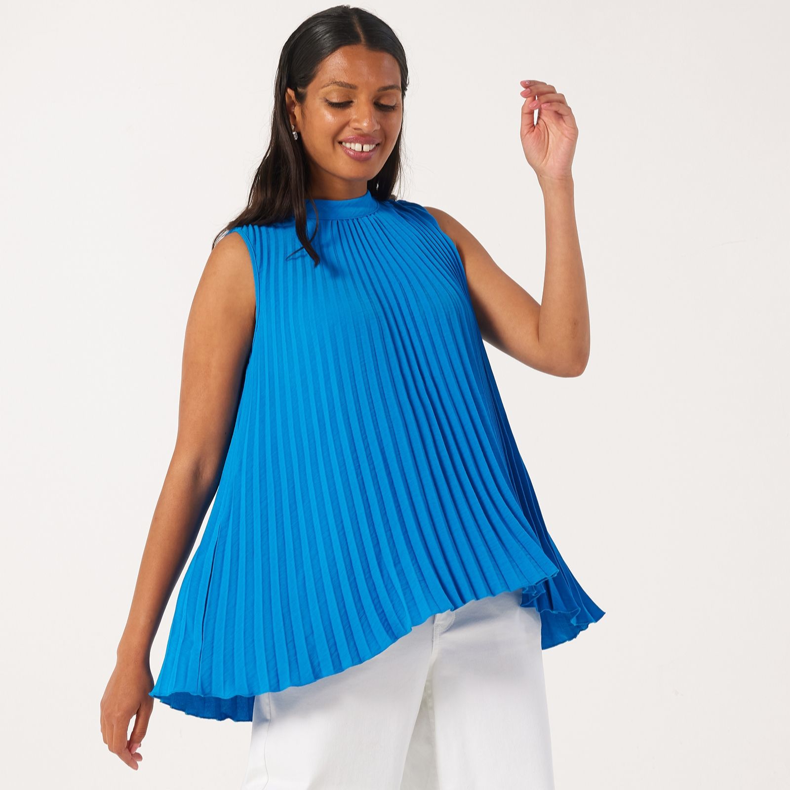 Nina Leonard Mock Neck Sleeveless Pleat Textured Wave High/Low Hem Top