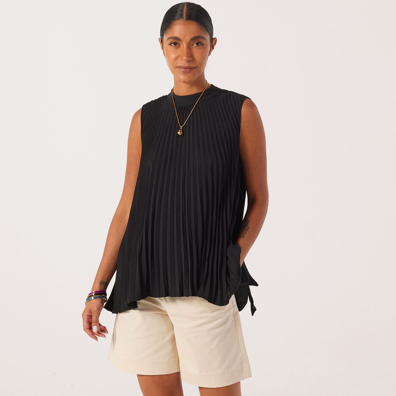 Nina Leonard Mock Neck Sleeveless Pleat Textured Wave High/Low Hem Top